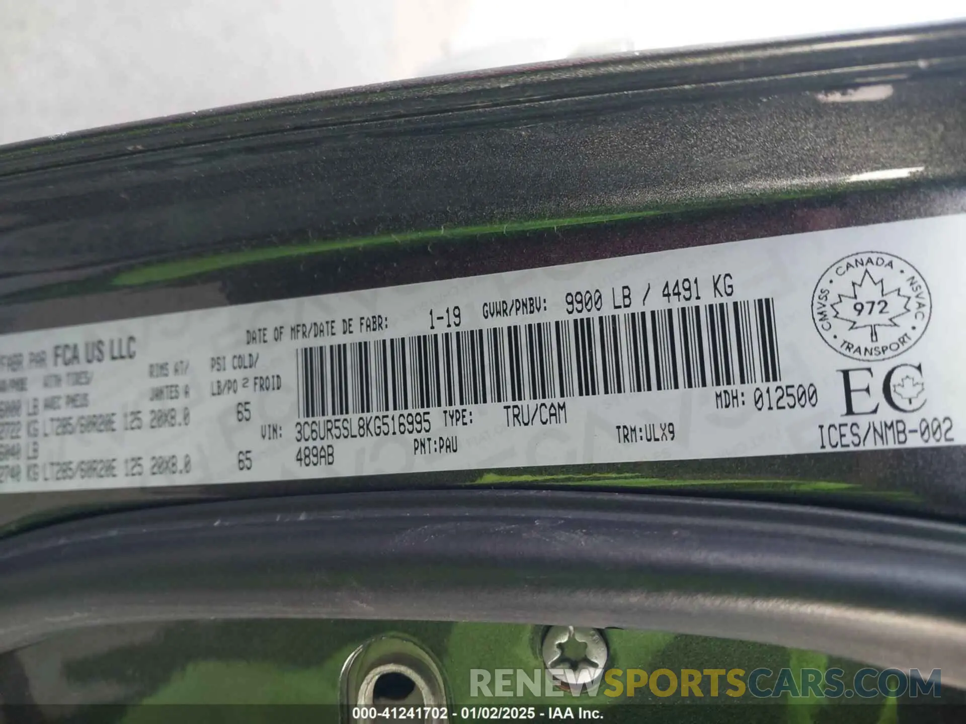 9 Photograph of a damaged car 3C6UR5SL8KG516995 RAM 2500 2019