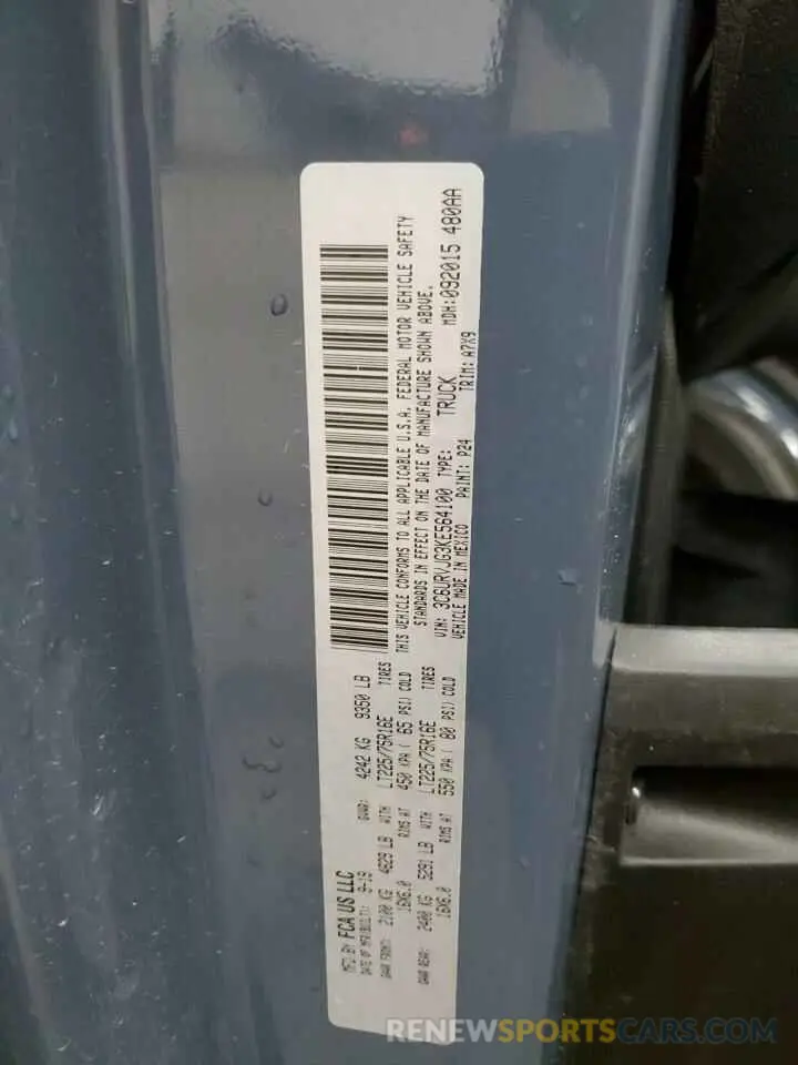 14 Photograph of a damaged car 3C6URVJG3KE564100 RAM All Models 2019