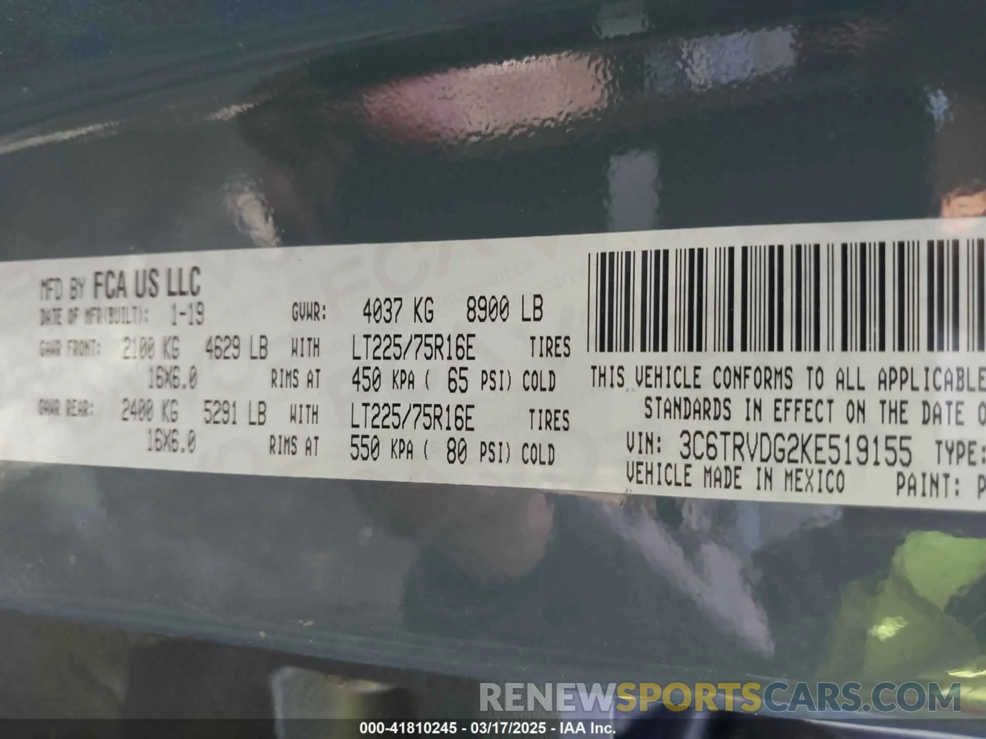 9 Photograph of a damaged car 3C6TRVDG2KE519155 RAM PROMASTER 2500 2019
