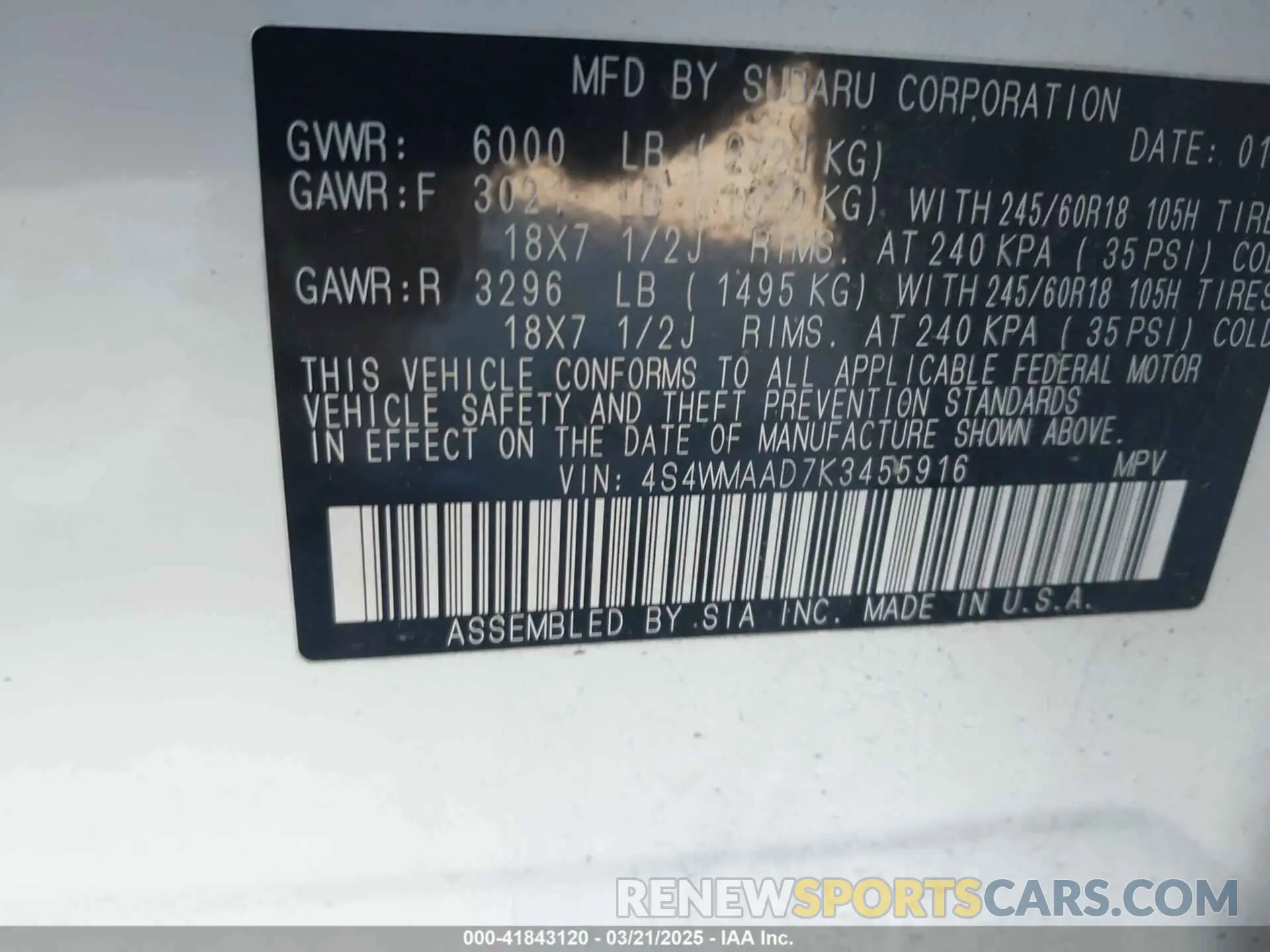9 Photograph of a damaged car 4S4WMAAD7K3455916 SUBARU ASCENT 2019