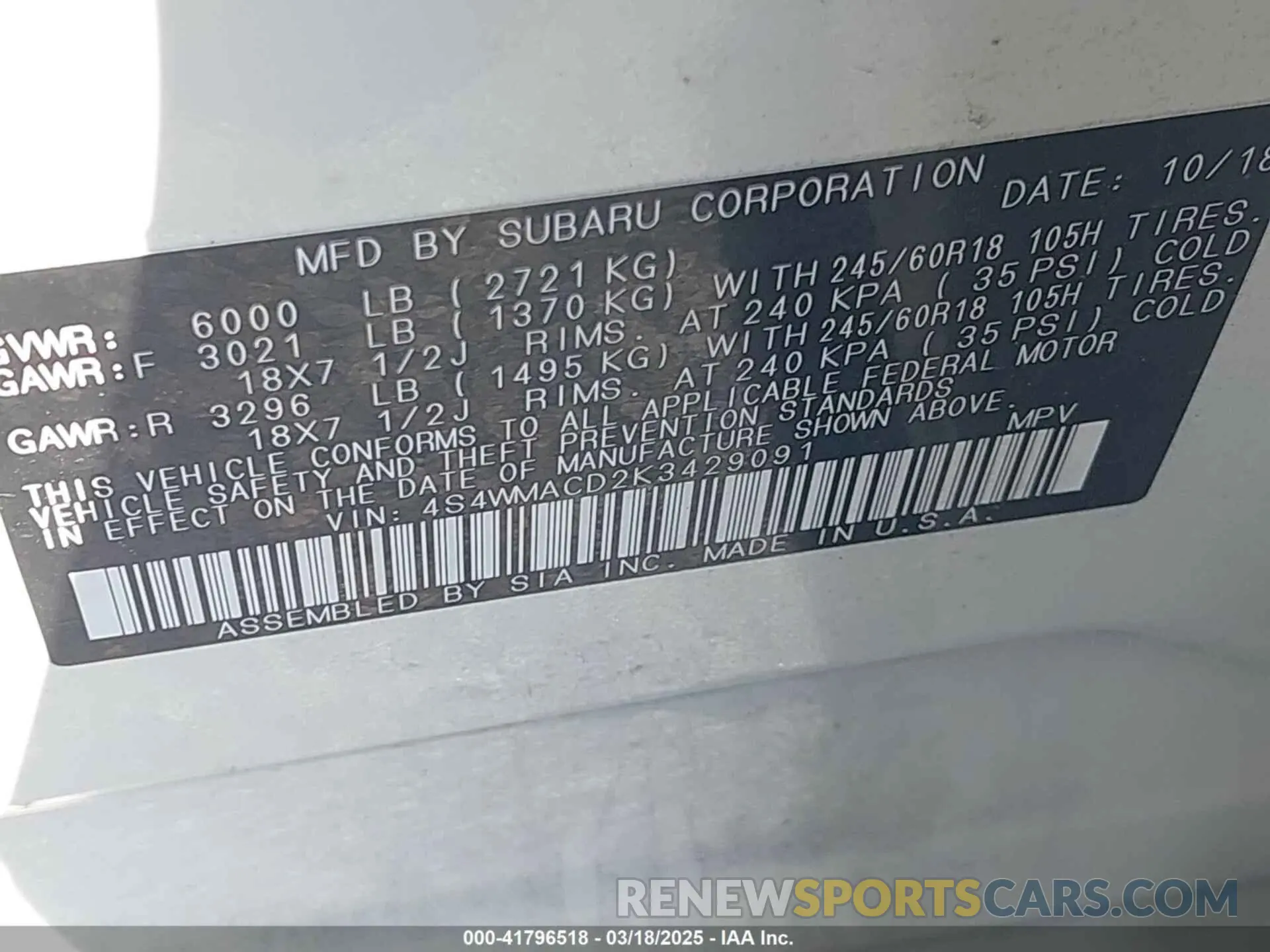 9 Photograph of a damaged car 4S4WMACD2K3429091 SUBARU ASCENT 2019