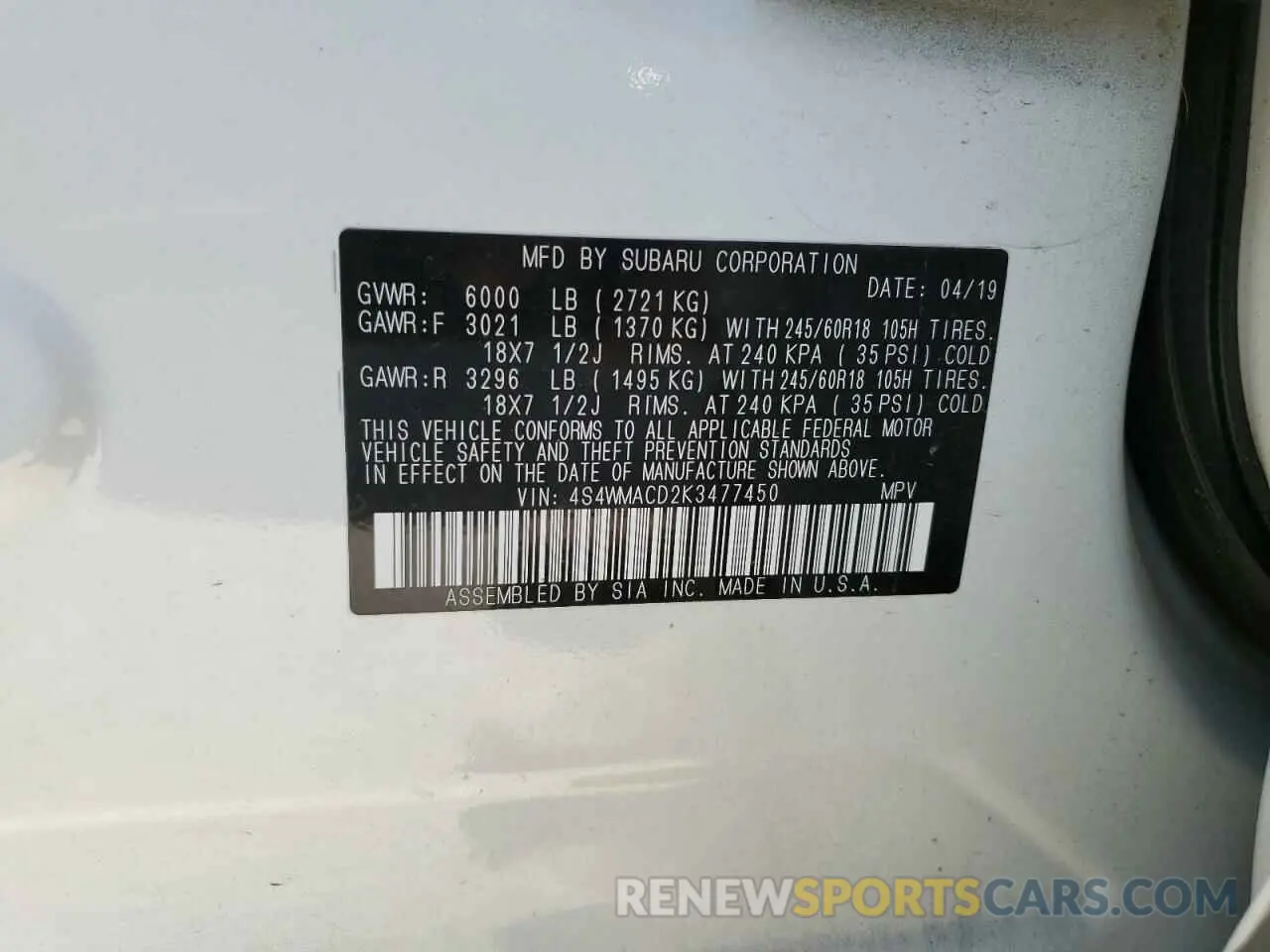 14 Photograph of a damaged car 4S4WMACD2K3477450 SUBARU ASCENT 2019