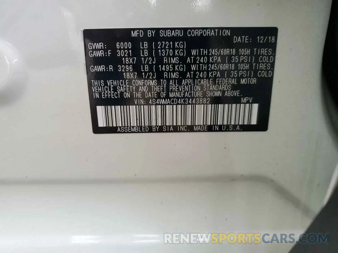 15 Photograph of a damaged car 4S4WMACD4K3443882 SUBARU ASCENT 2019