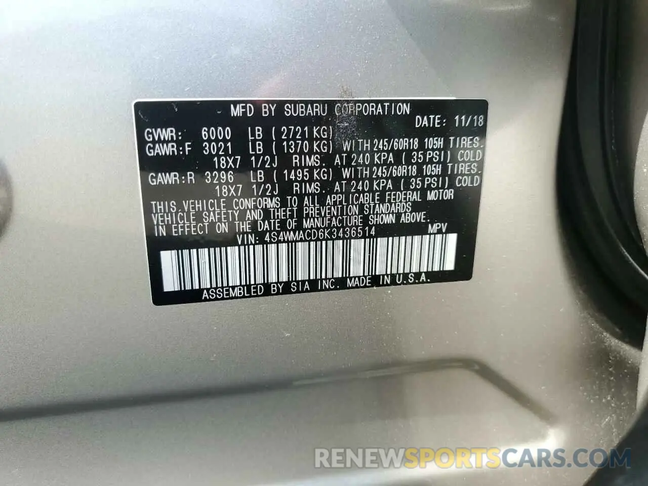 13 Photograph of a damaged car 4S4WMACD6K3436514 SUBARU ASCENT 2019