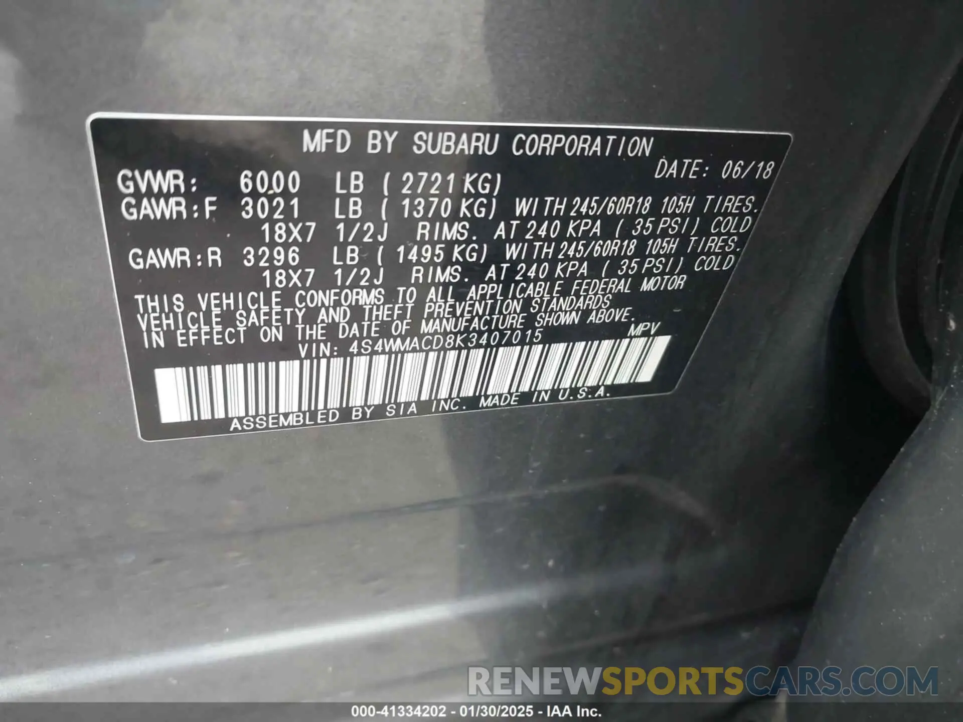 9 Photograph of a damaged car 4S4WMACD8K3407015 SUBARU ASCENT 2019