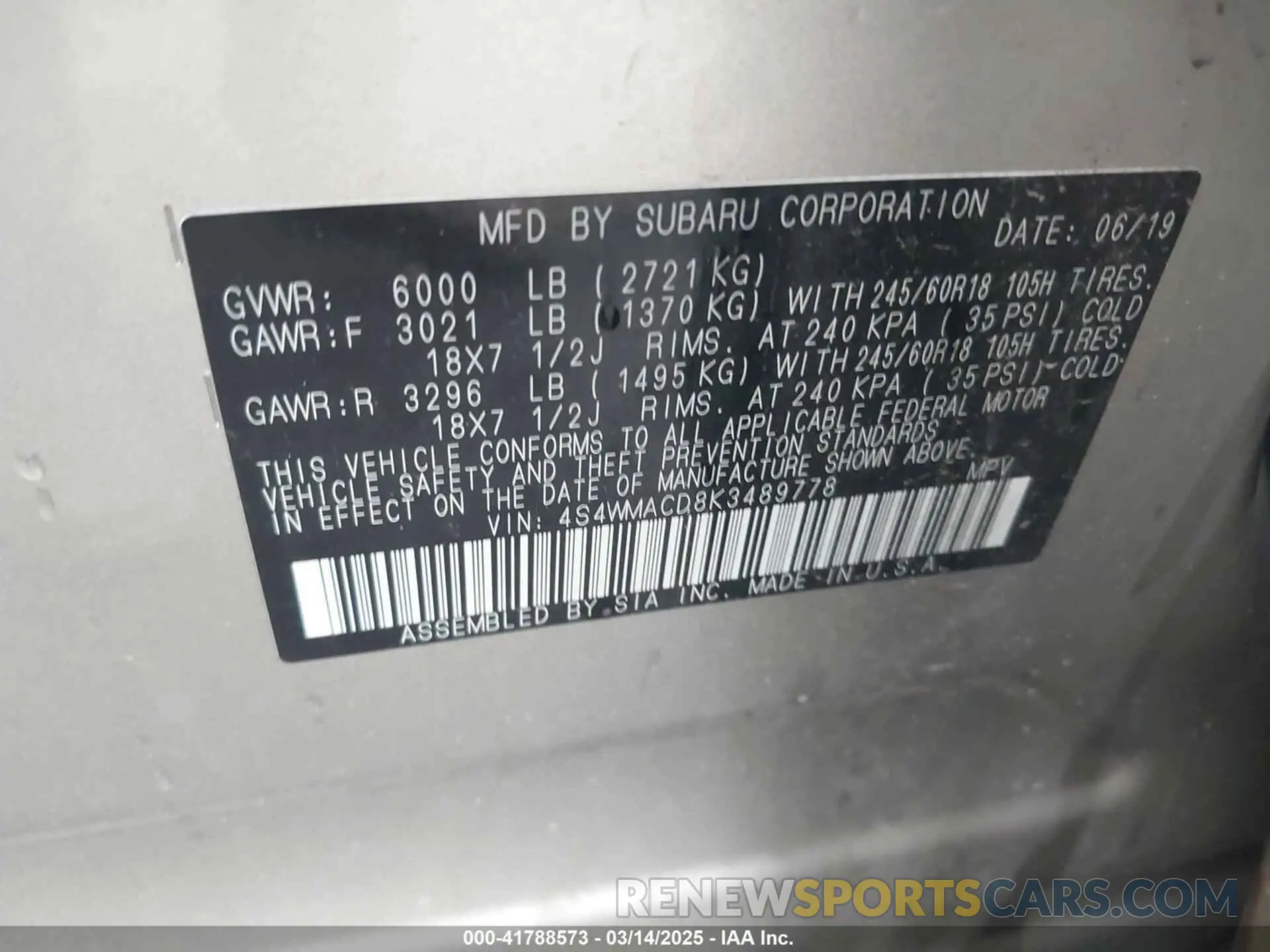 9 Photograph of a damaged car 4S4WMACD8K3489778 SUBARU ASCENT 2019