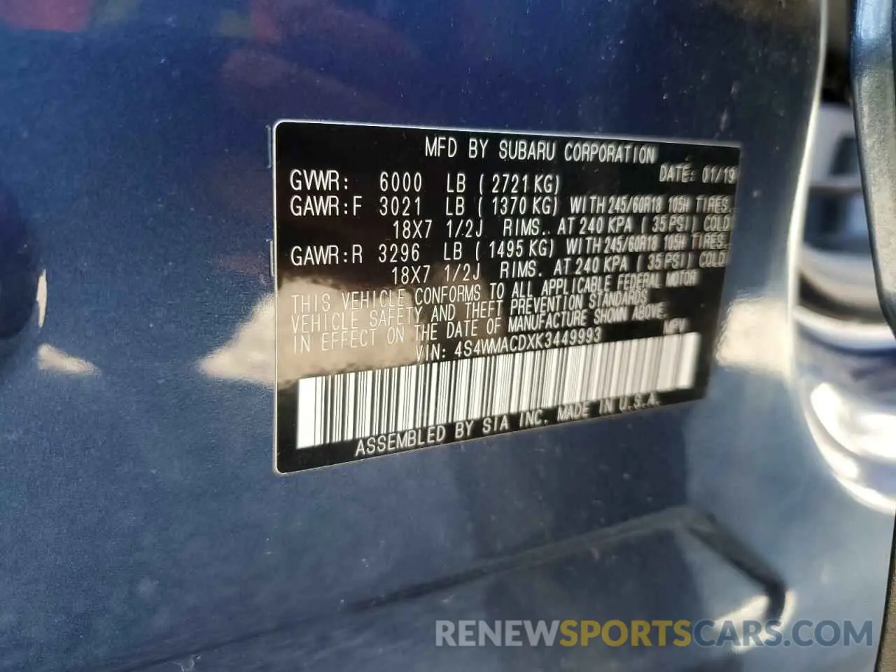 13 Photograph of a damaged car 4S4WMACDXK3449993 SUBARU ASCENT 2019