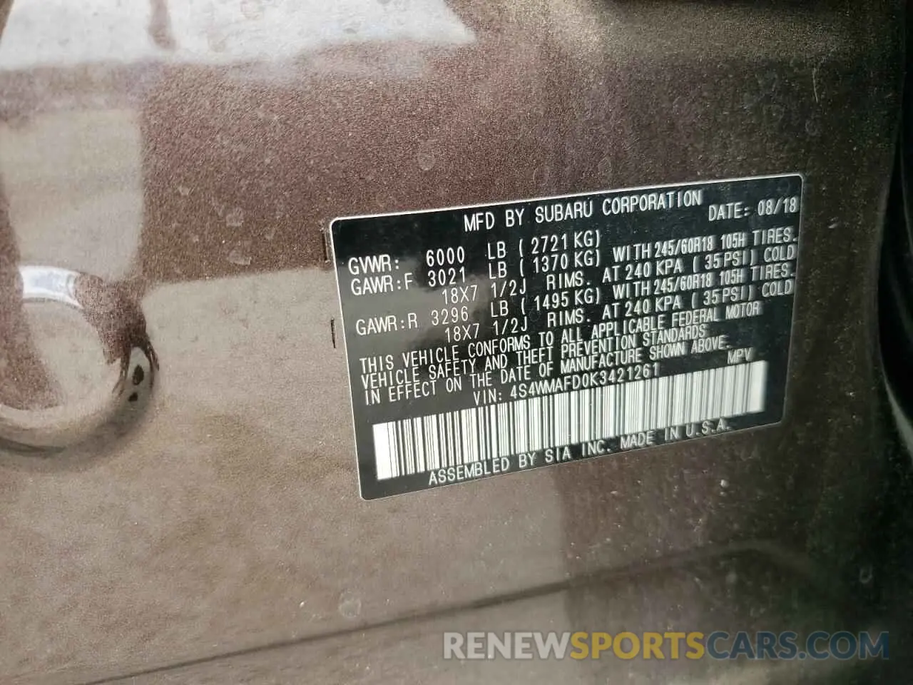 13 Photograph of a damaged car 4S4WMAFD0K3421261 SUBARU ASCENT 2019
