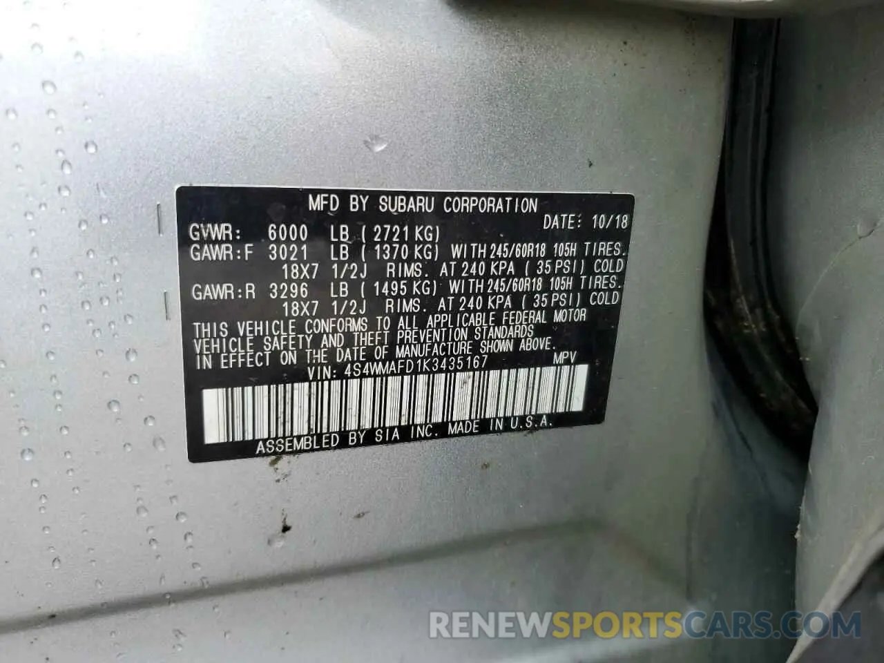 13 Photograph of a damaged car 4S4WMAFD1K3435167 SUBARU ASCENT 2019