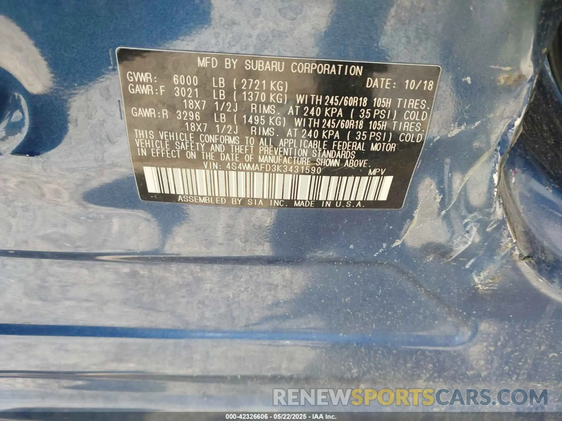 9 Photograph of a damaged car 4S4WMAFD3K3431590 SUBARU ASCENT 2019