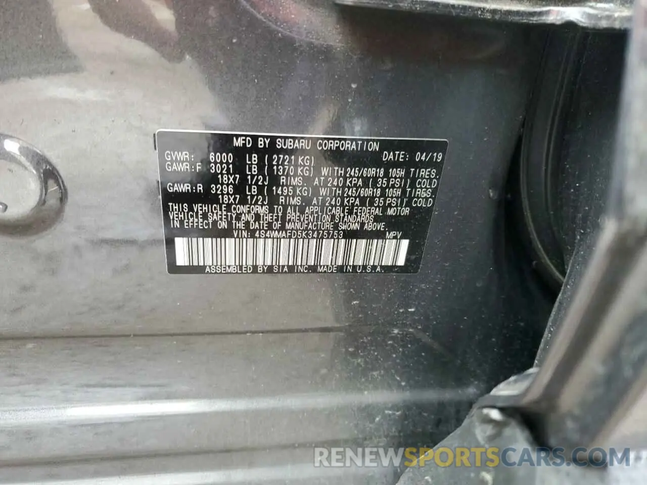 14 Photograph of a damaged car 4S4WMAFD5K3475753 SUBARU ASCENT 2019