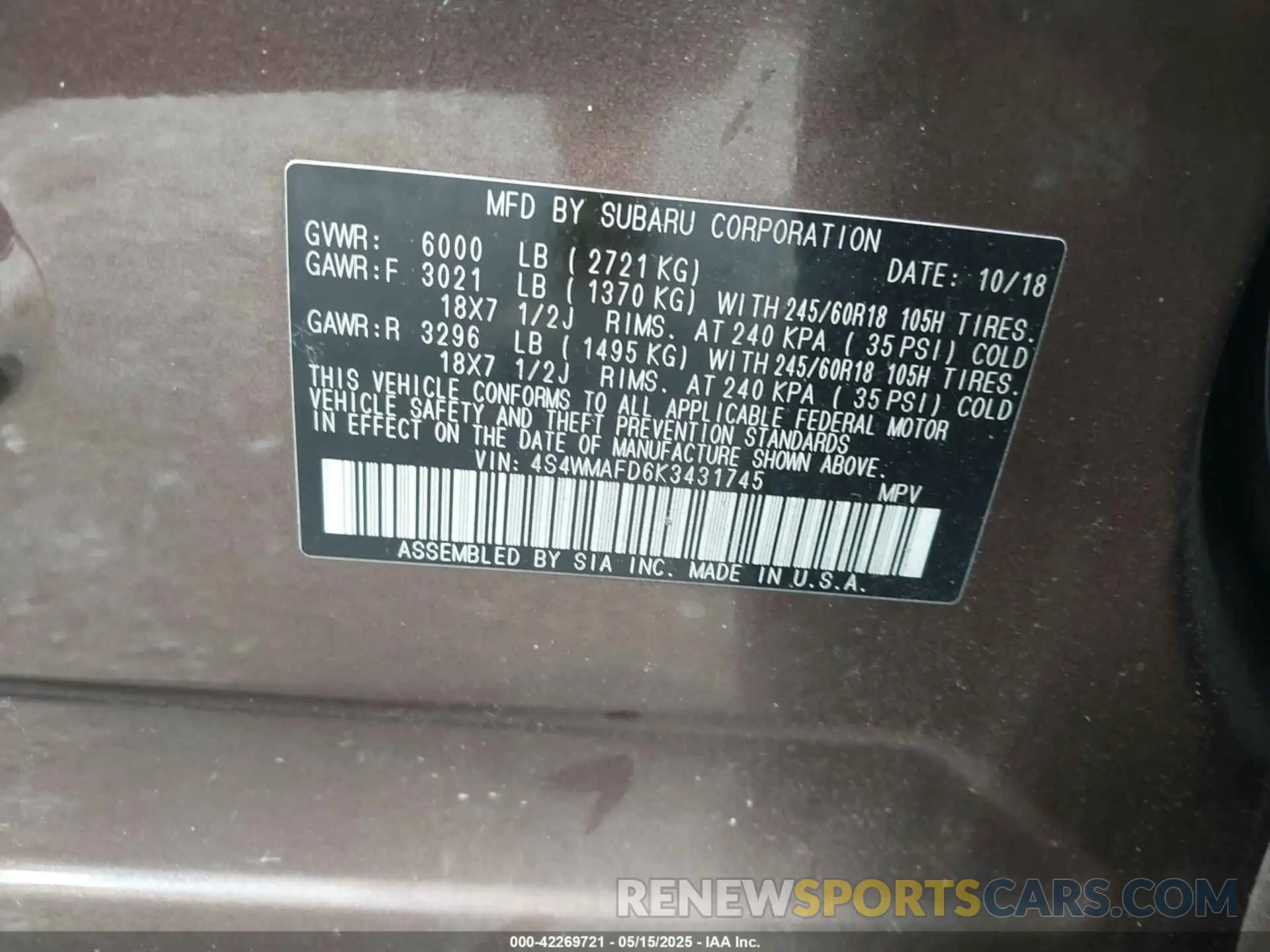 9 Photograph of a damaged car 4S4WMAFD6K3431745 SUBARU ASCENT 2019