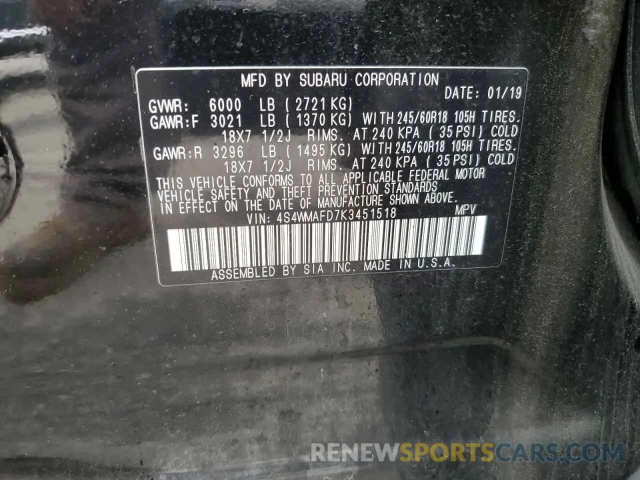 13 Photograph of a damaged car 4S4WMAFD7K3451518 SUBARU ASCENT 2019