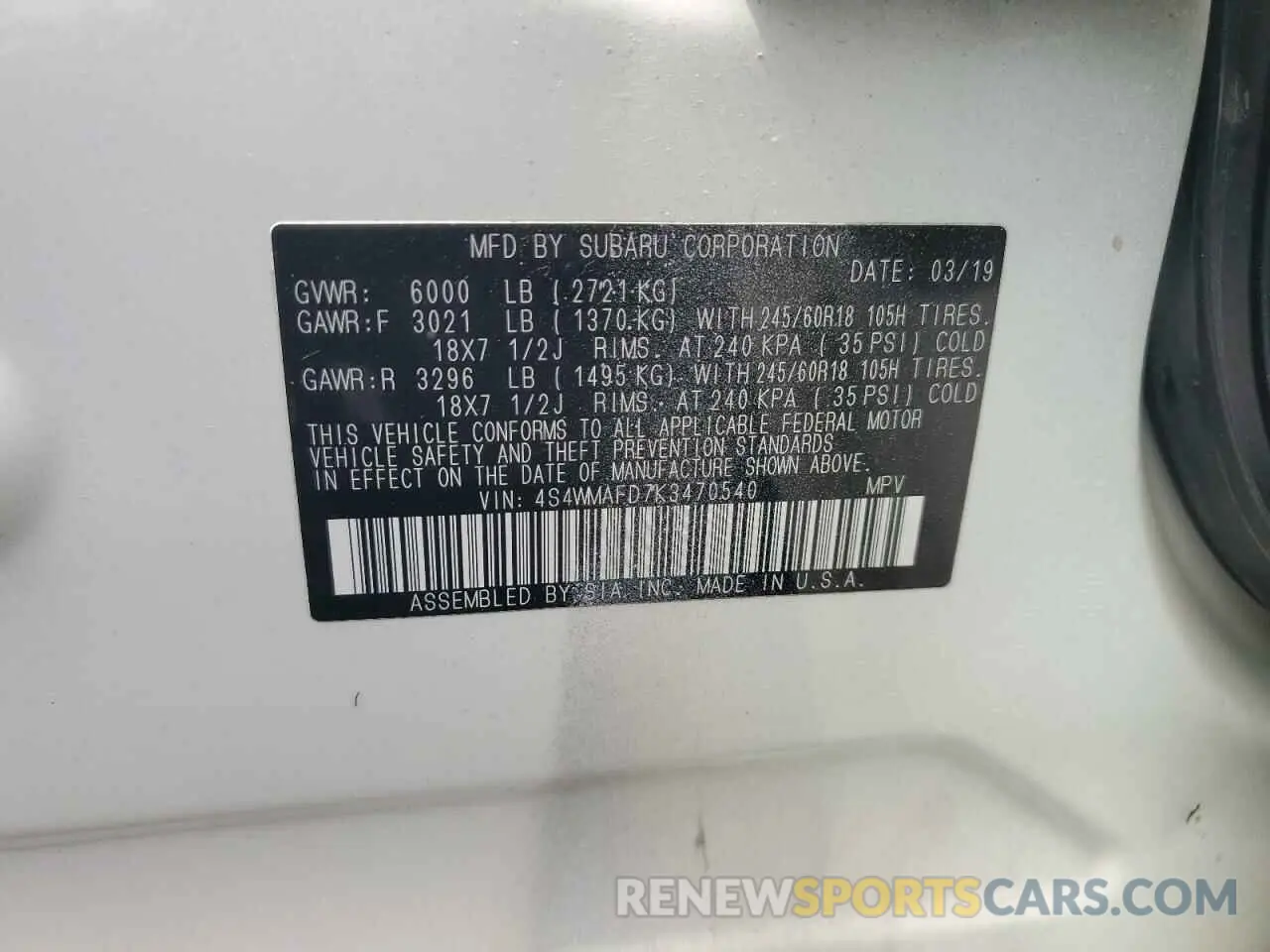 13 Photograph of a damaged car 4S4WMAFD7K3470540 SUBARU ASCENT 2019