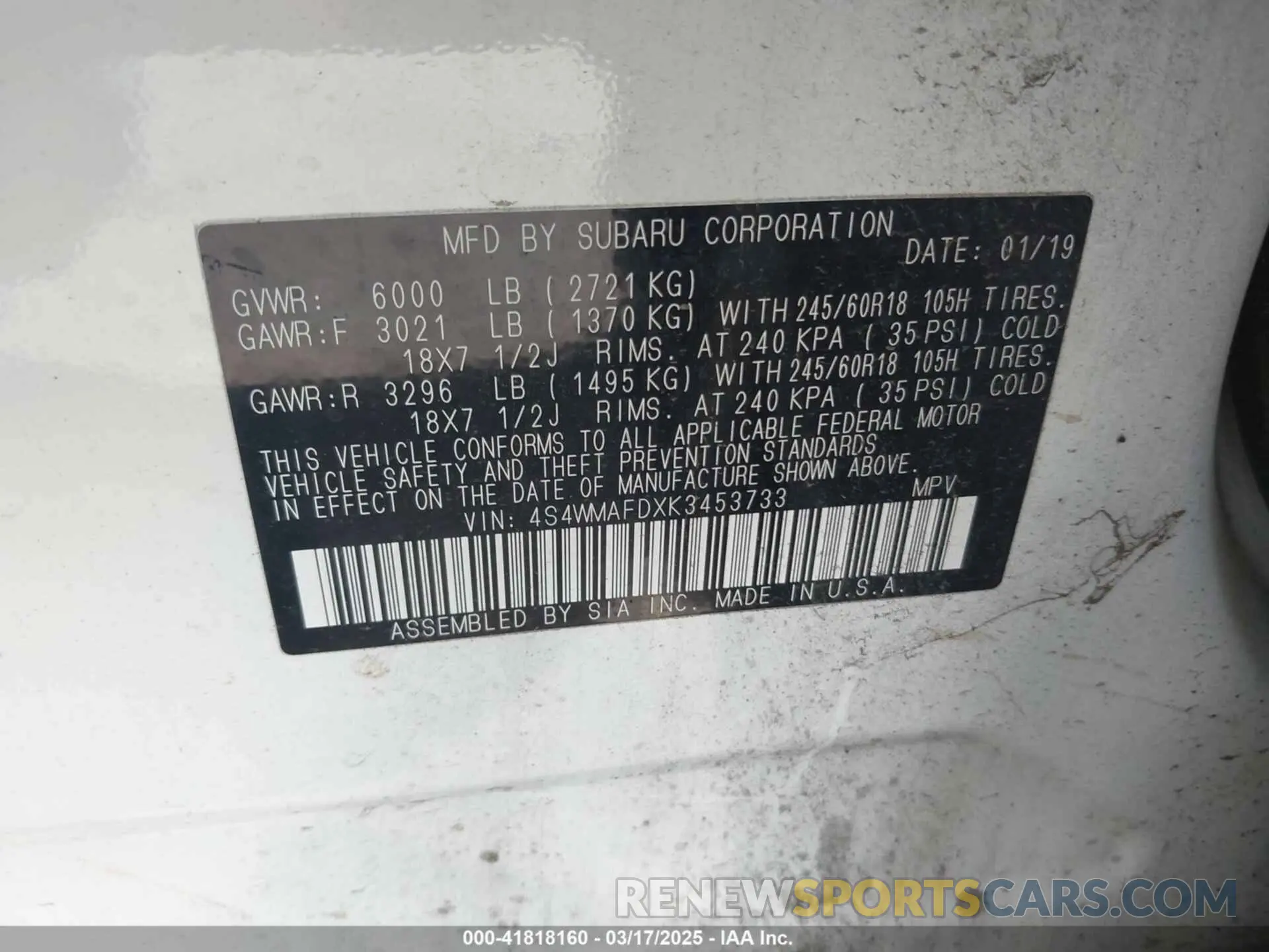 9 Photograph of a damaged car 4S4WMAFDXK3453733 SUBARU ASCENT 2019