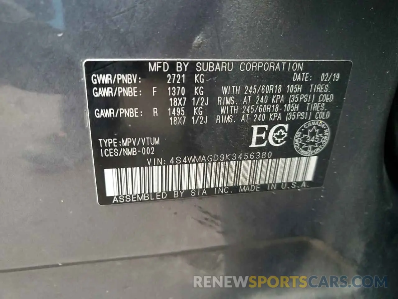 13 Photograph of a damaged car 4S4WMAGD9K3456380 SUBARU ASCENT 2019