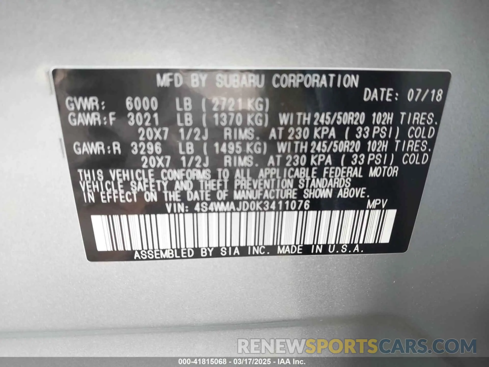 9 Photograph of a damaged car 4S4WMAJD0K3411076 SUBARU ASCENT 2019