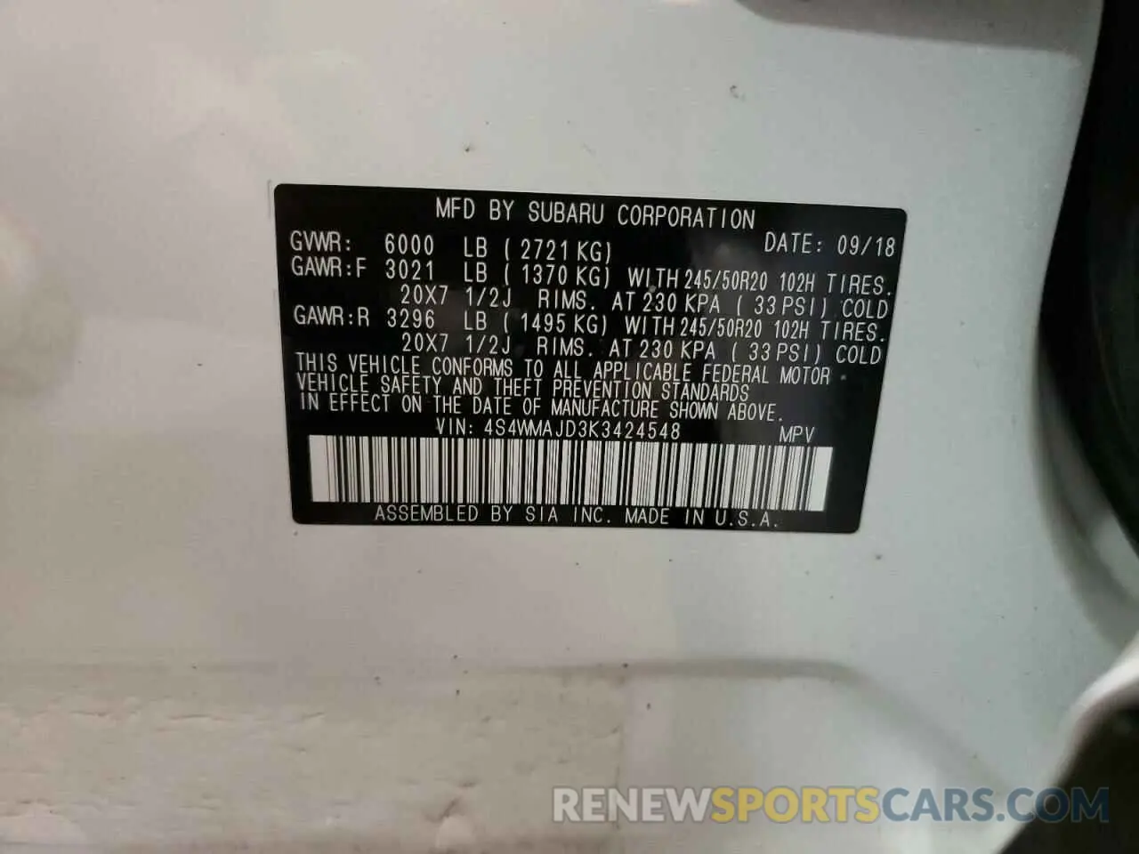 15 Photograph of a damaged car 4S4WMAJD3K3424548 SUBARU ASCENT 2019