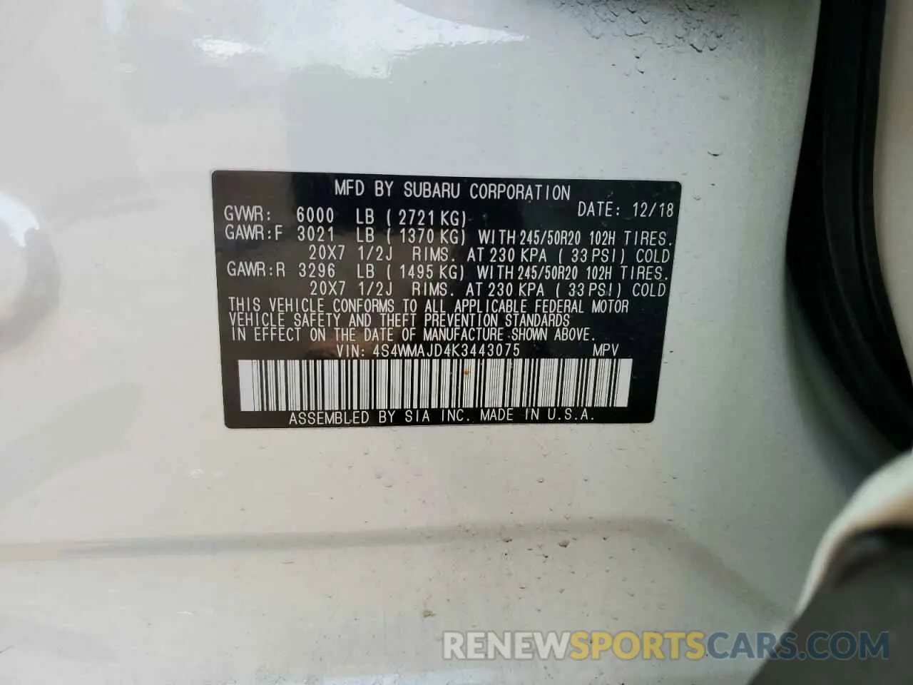 12 Photograph of a damaged car 4S4WMAJD4K3443075 SUBARU ASCENT 2019