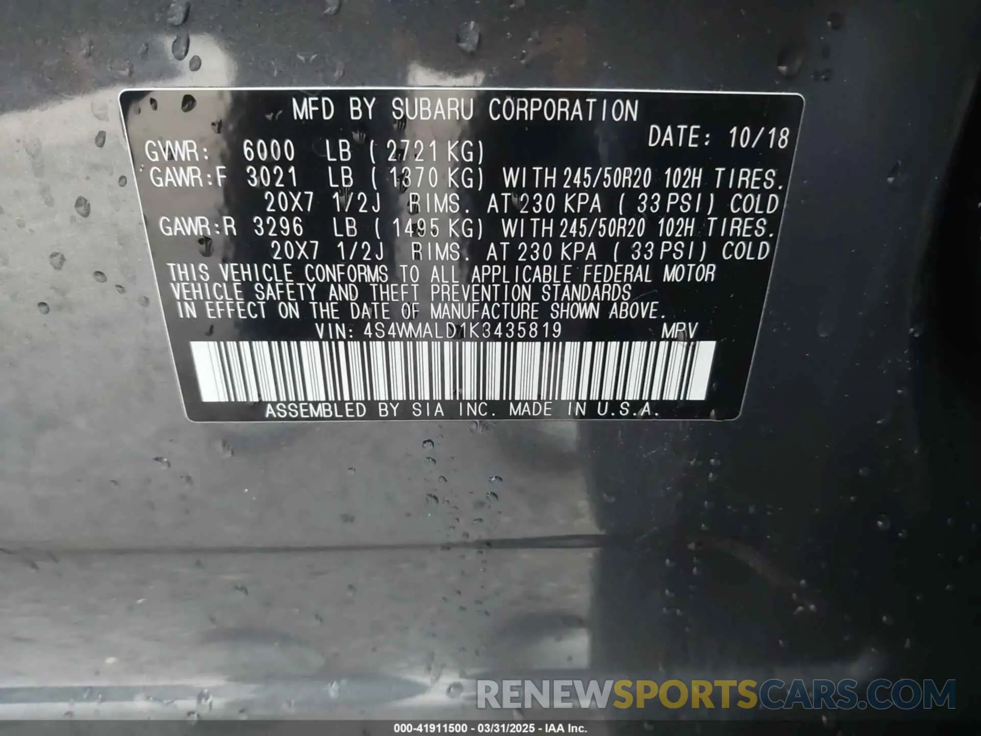 9 Photograph of a damaged car 4S4WMALD1K3435819 SUBARU ASCENT 2019
