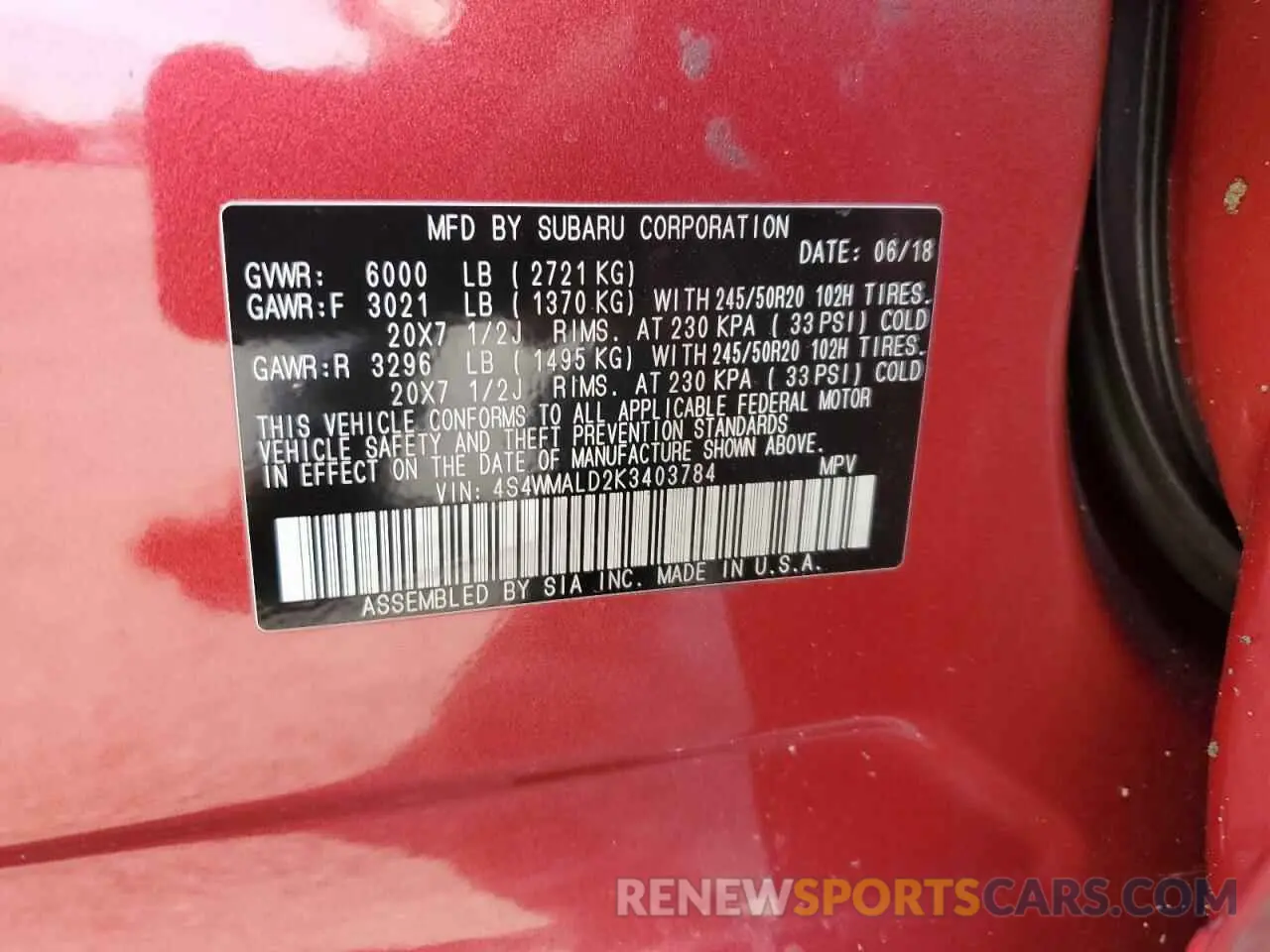 13 Photograph of a damaged car 4S4WMALD2K3403784 SUBARU ASCENT 2019