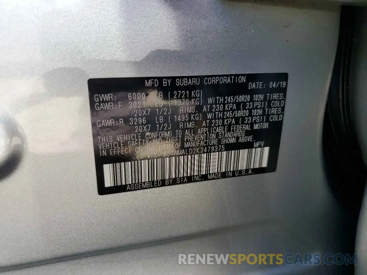 13 Photograph of a damaged car 4S4WMALD2K3479375 SUBARU ASCENT 2019