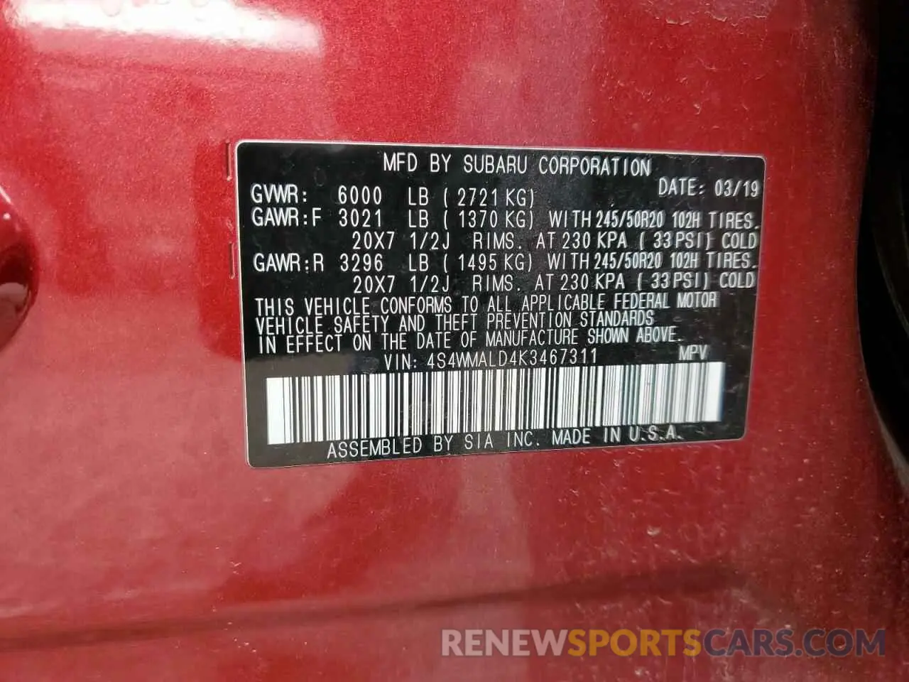 13 Photograph of a damaged car 4S4WMALD4K3467311 SUBARU ASCENT 2019