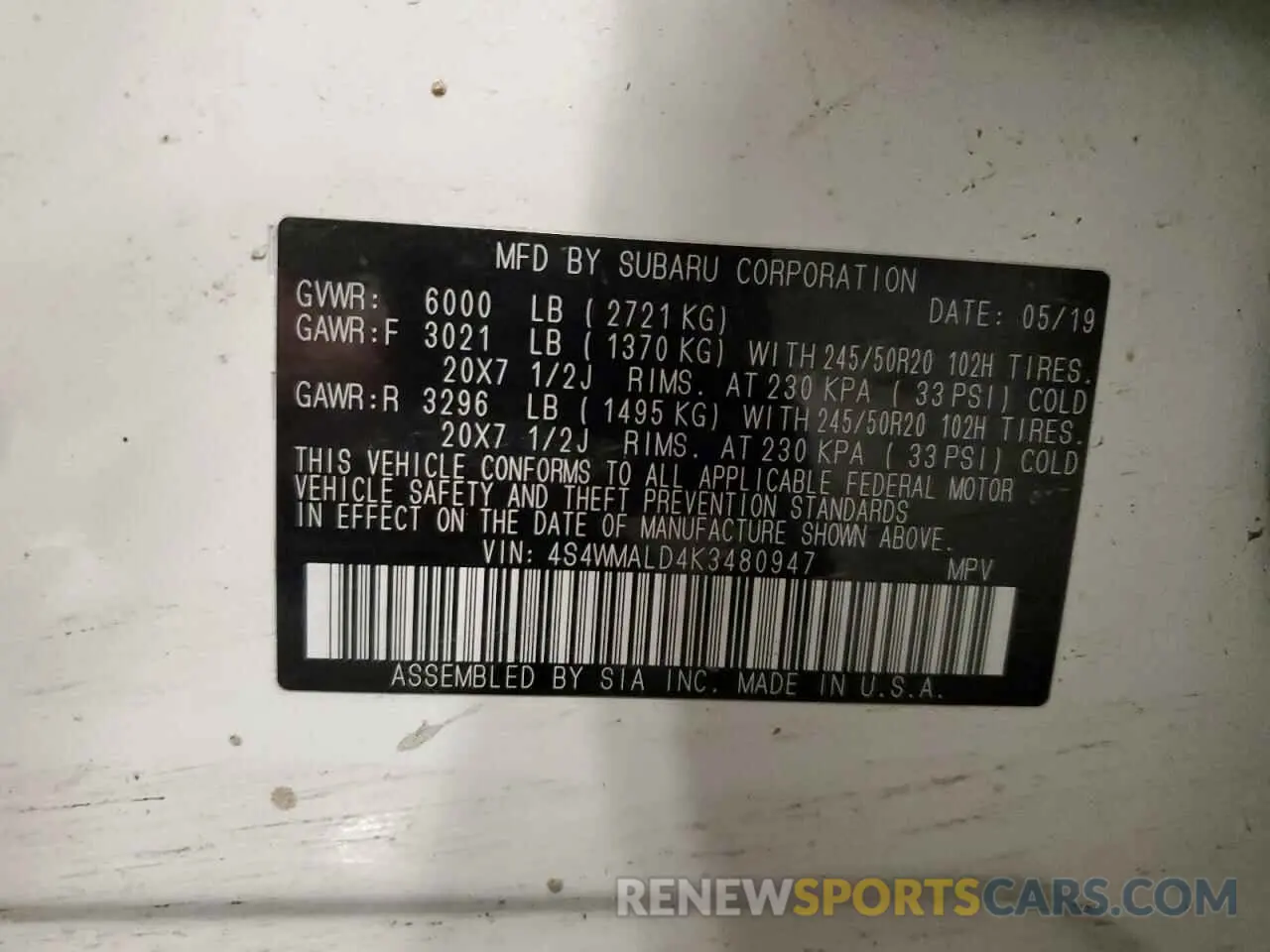 15 Photograph of a damaged car 4S4WMALD4K3480947 SUBARU ASCENT 2019