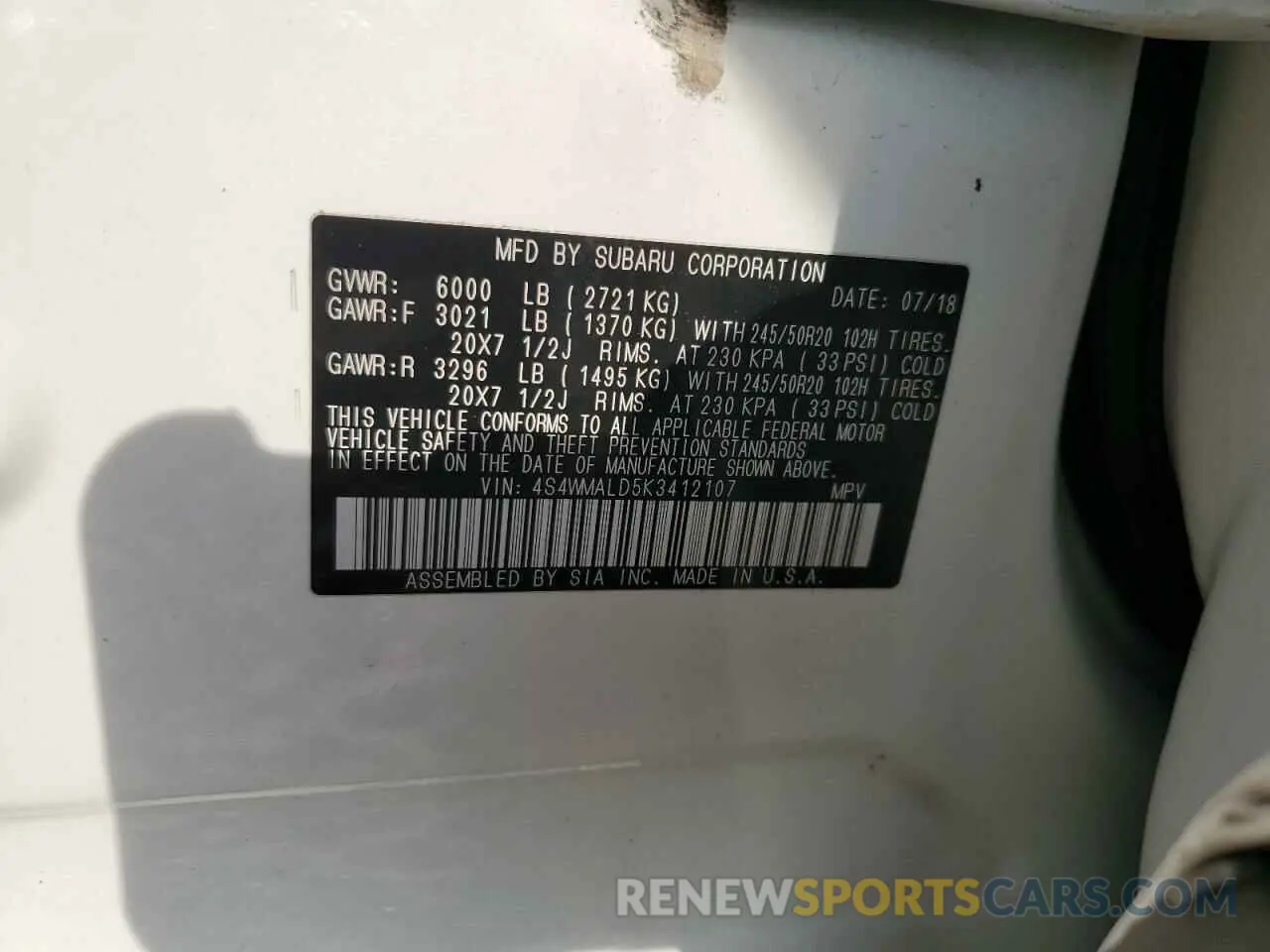 13 Photograph of a damaged car 4S4WMALD5K3412107 SUBARU ASCENT 2019