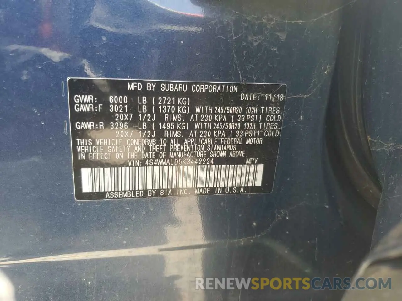 13 Photograph of a damaged car 4S4WMALD5K3442224 SUBARU ASCENT 2019