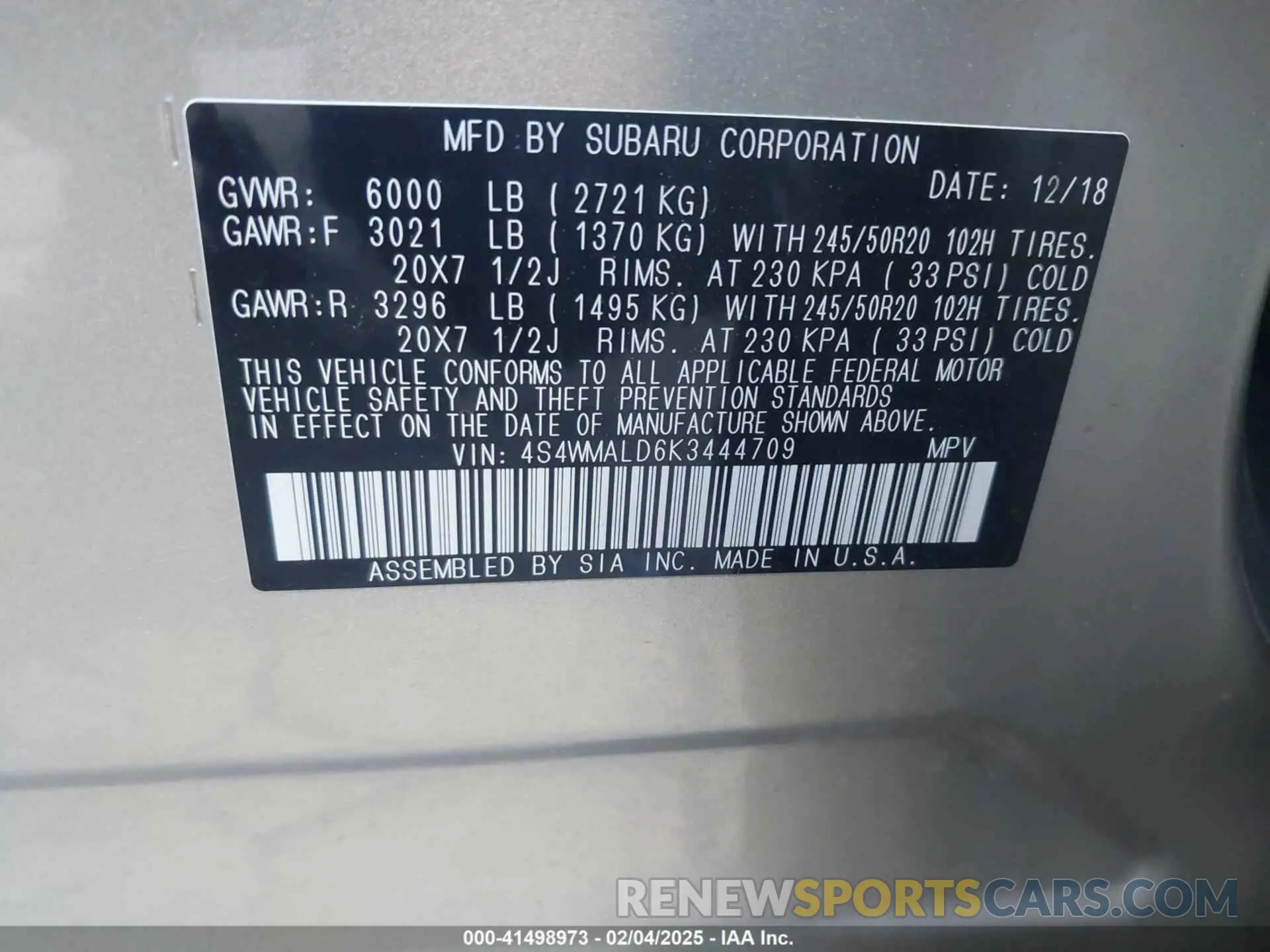 9 Photograph of a damaged car 4S4WMALD6K3444709 SUBARU ASCENT 2019
