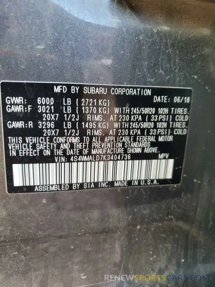 14 Photograph of a damaged car 4S4WMALD7K3404736 SUBARU ASCENT 2019