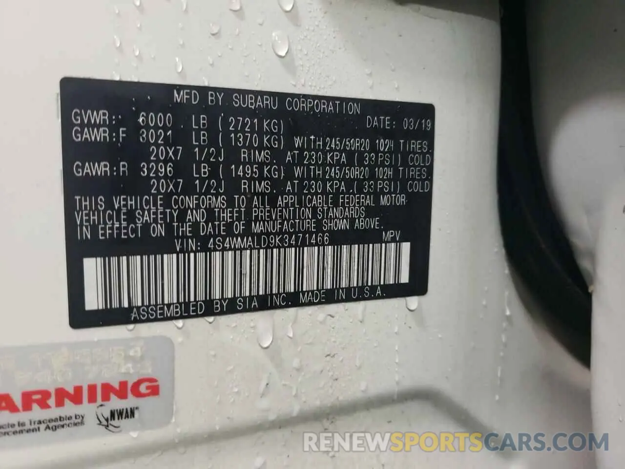 13 Photograph of a damaged car 4S4WMALD9K3471466 SUBARU ASCENT 2019