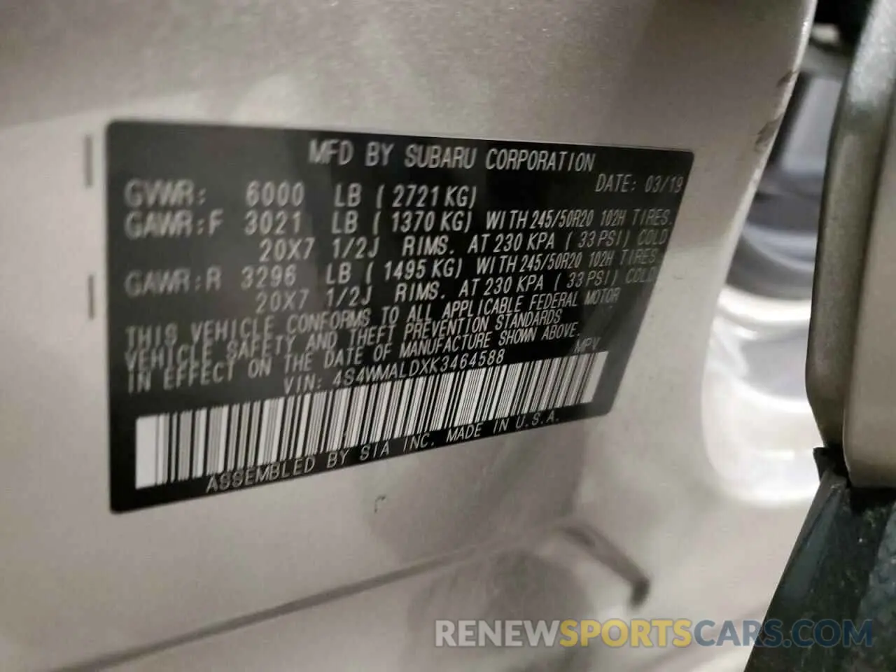 14 Photograph of a damaged car 4S4WMALDXK3464588 SUBARU ASCENT 2019