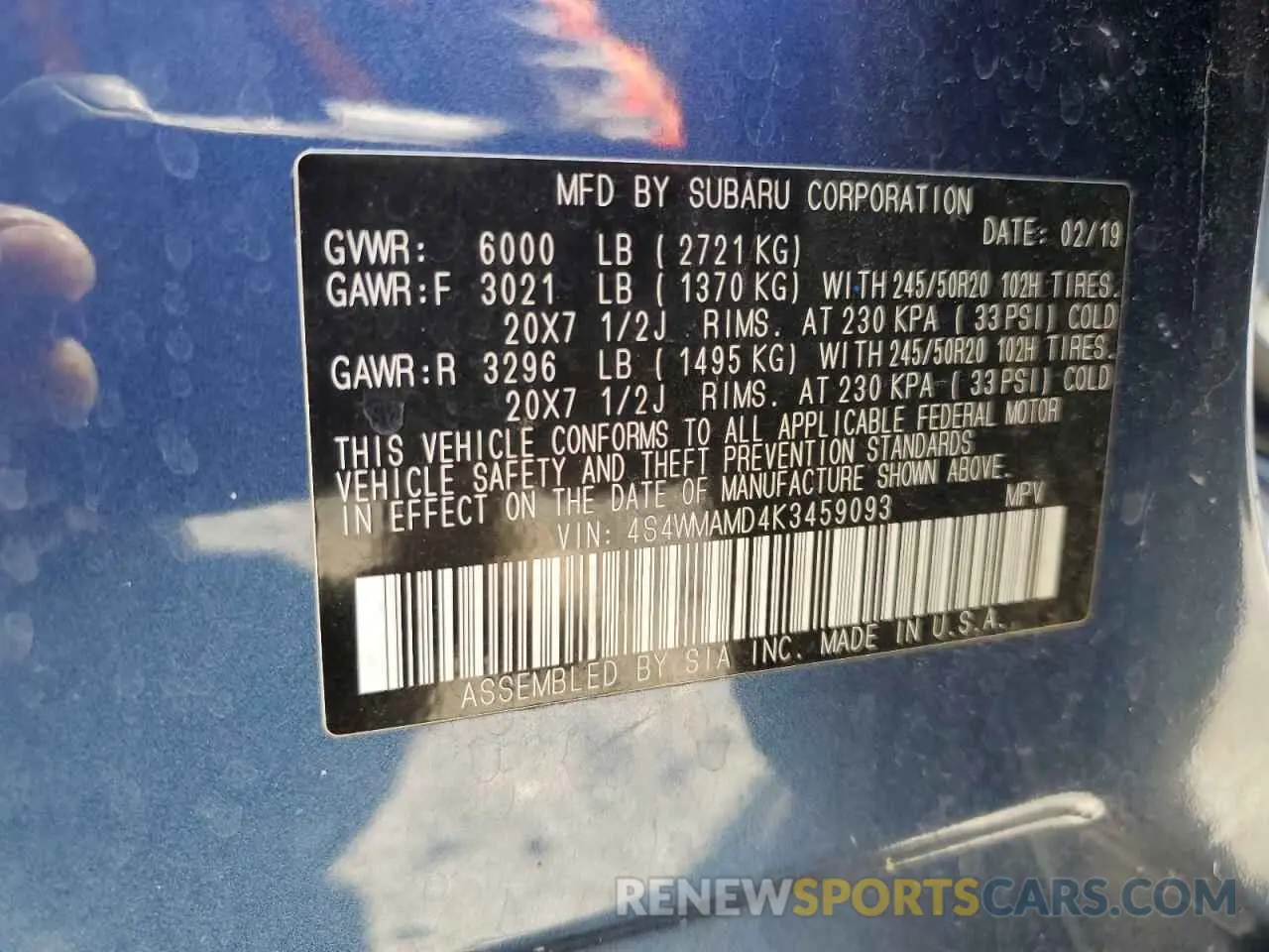 13 Photograph of a damaged car 4S4WMAMD4K3459093 SUBARU ASCENT 2019