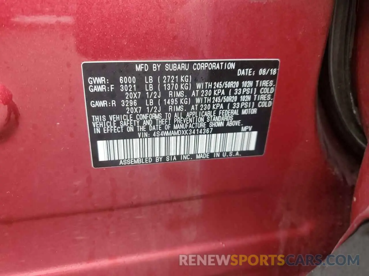 14 Photograph of a damaged car 4S4WMAMDXK3414367 SUBARU ASCENT 2019