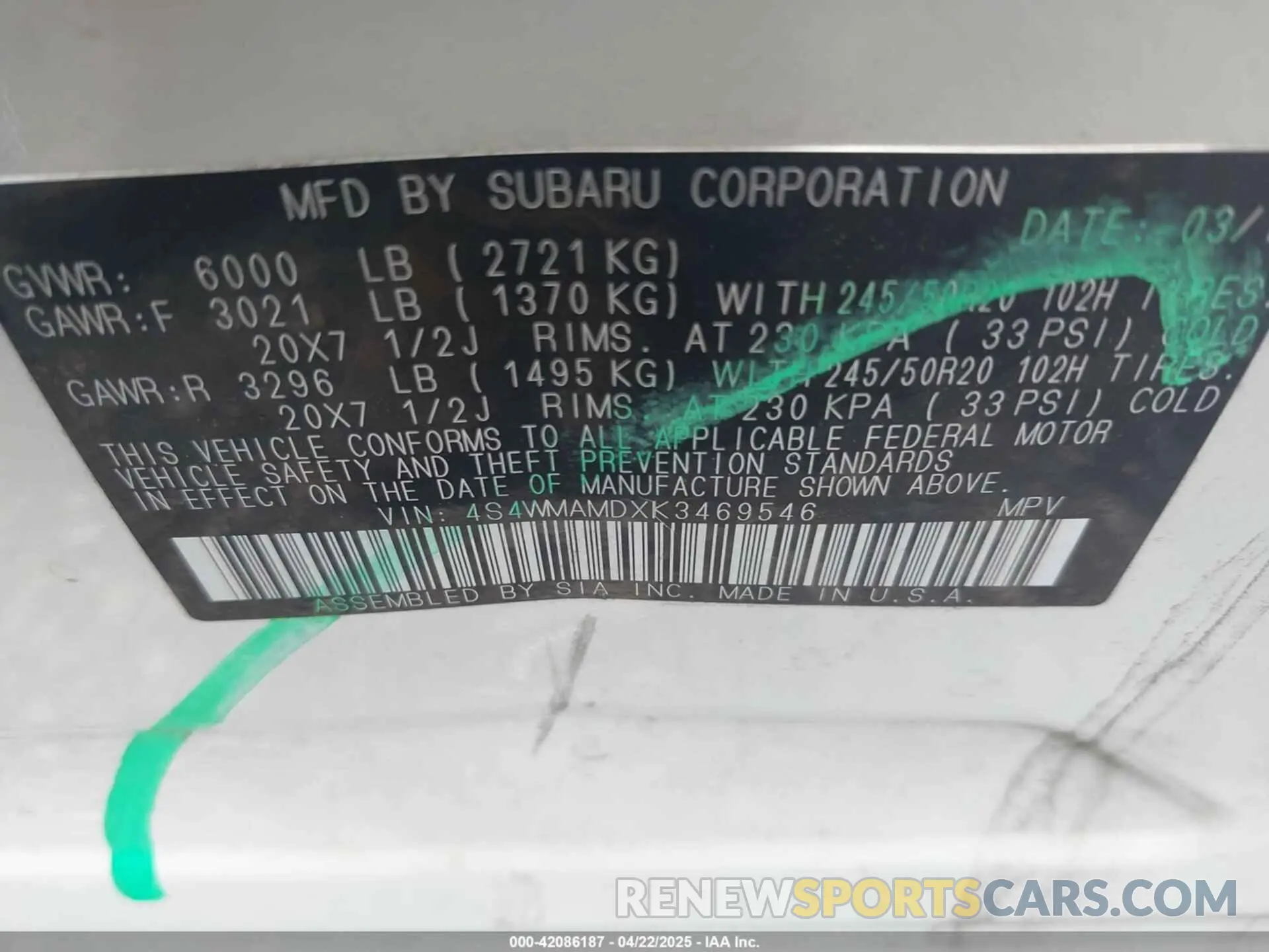 9 Photograph of a damaged car 4S4WMAMDXK3469546 SUBARU ASCENT 2019