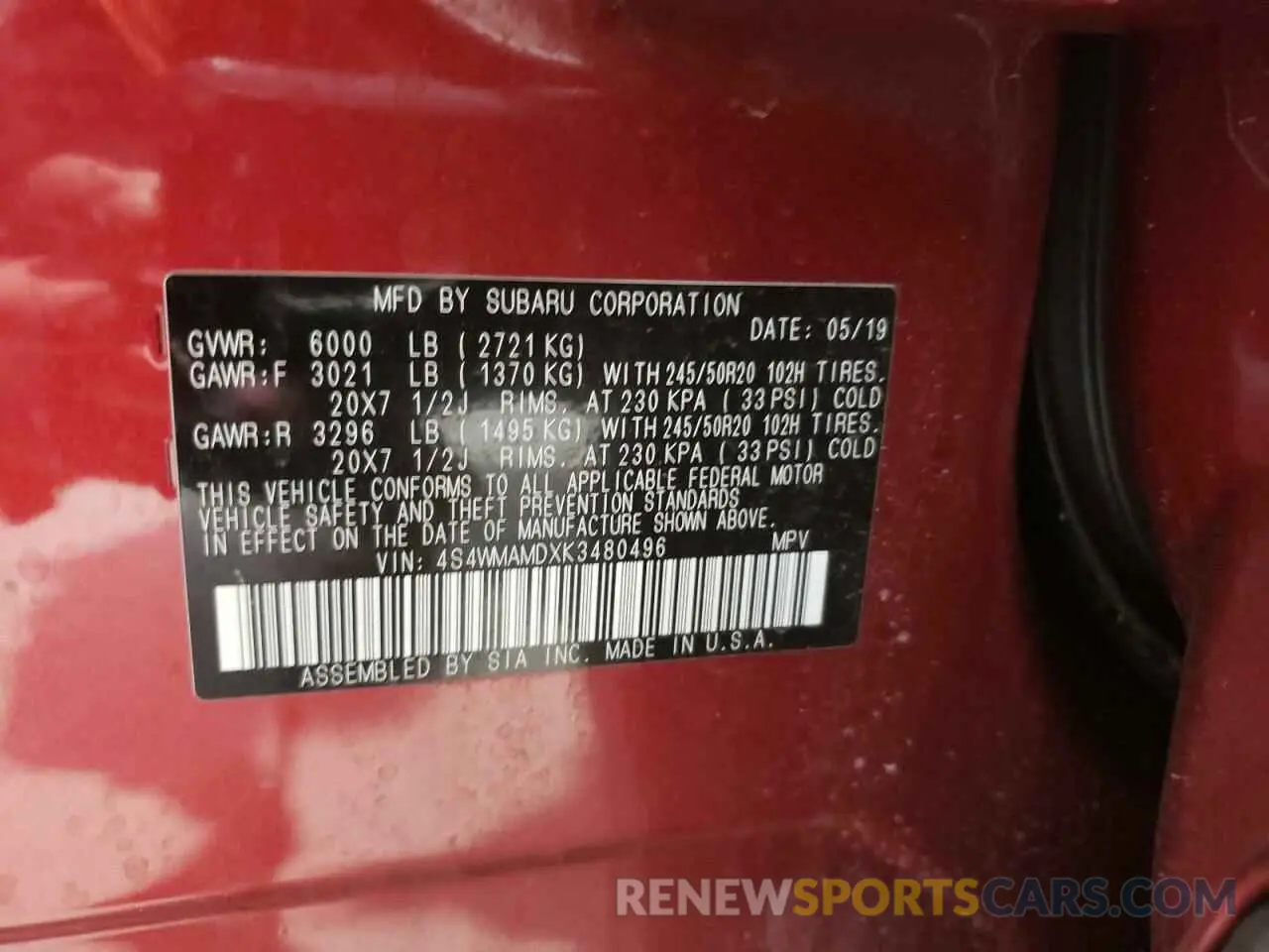 13 Photograph of a damaged car 4S4WMAMDXK3480496 SUBARU ASCENT 2019