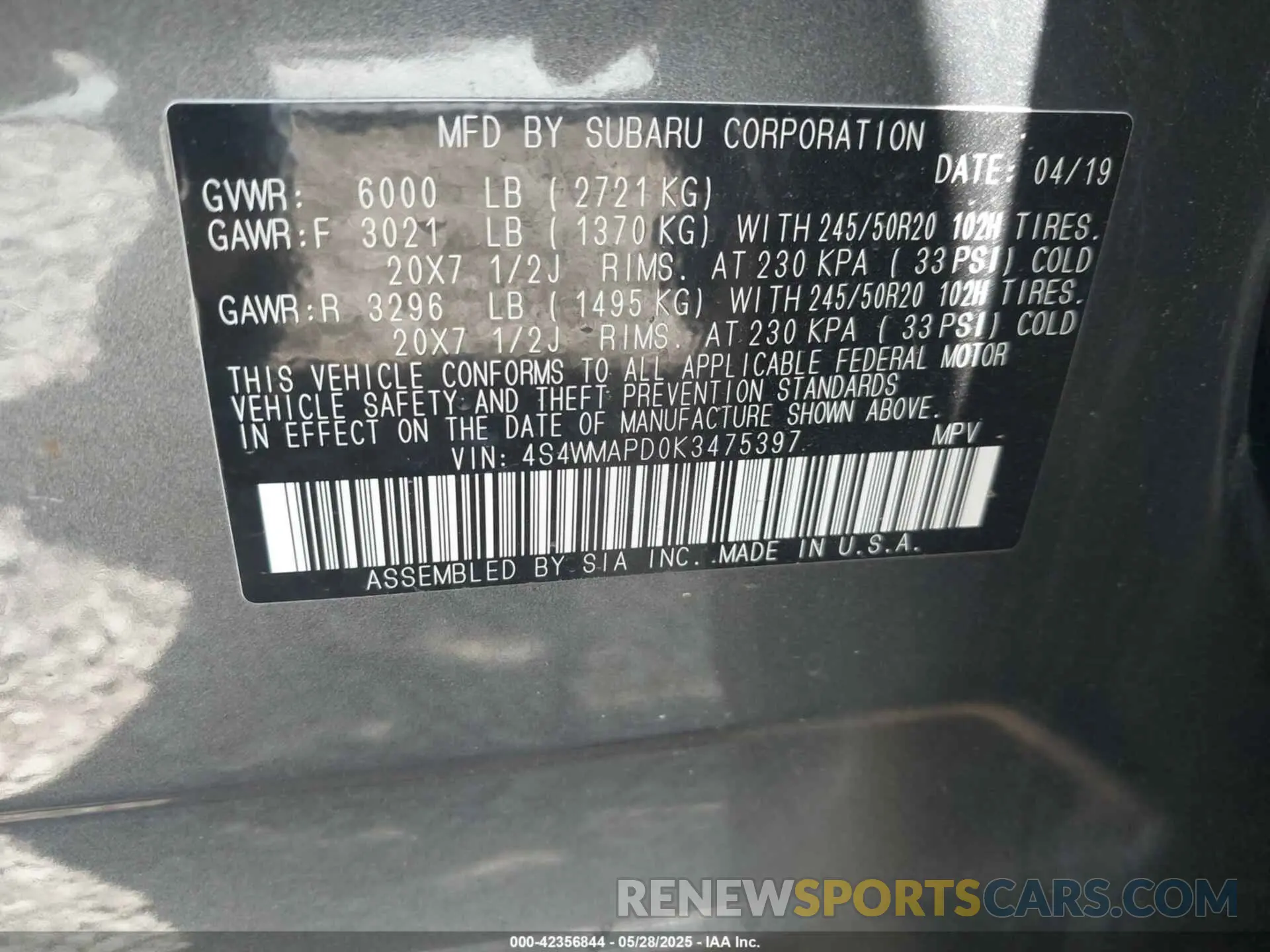 9 Photograph of a damaged car 4S4WMAPD0K3475397 SUBARU ASCENT 2019