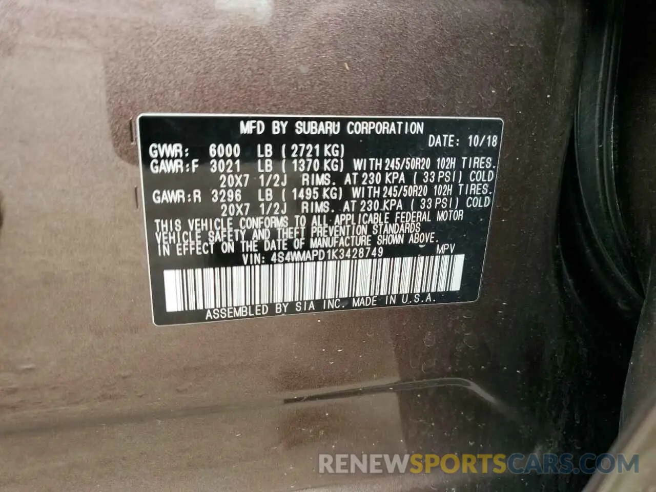 13 Photograph of a damaged car 4S4WMAPD1K3428749 SUBARU ASCENT 2019