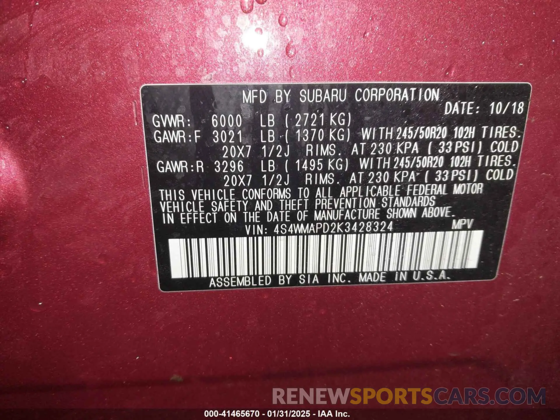 9 Photograph of a damaged car 4S4WMAPD2K3428324 SUBARU ASCENT 2019