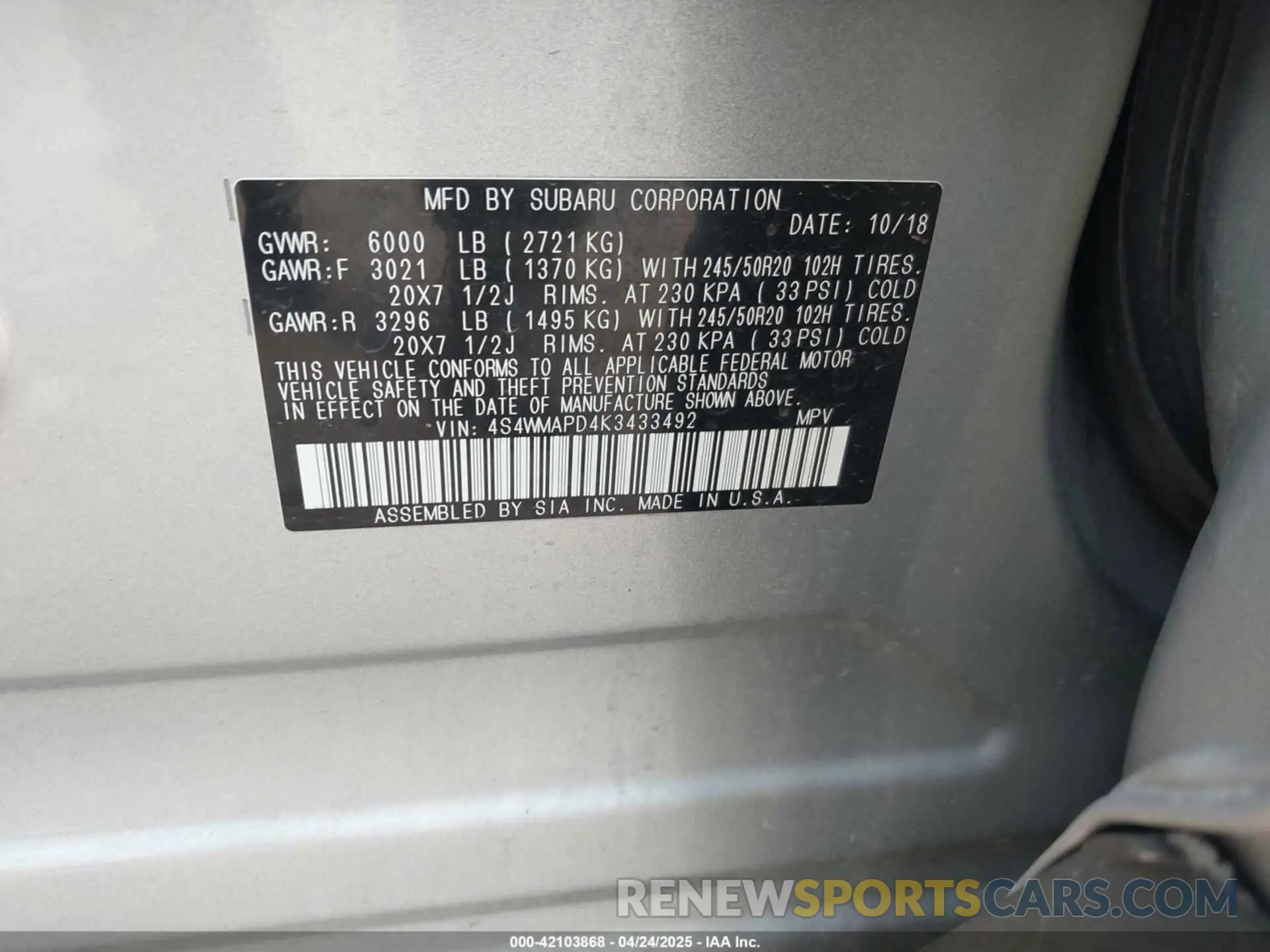 9 Photograph of a damaged car 4S4WMAPD4K3433492 SUBARU ASCENT 2019