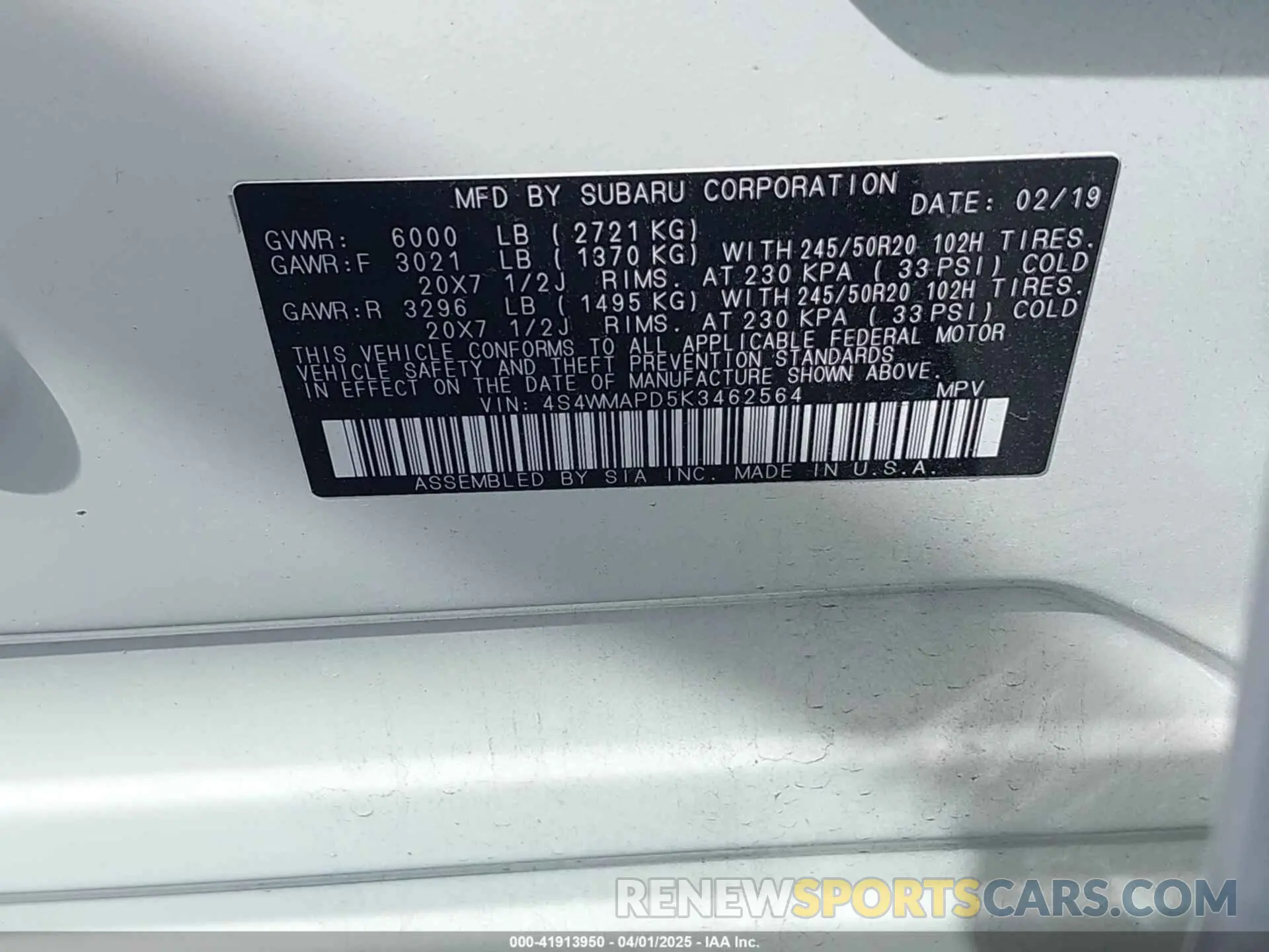 9 Photograph of a damaged car 4S4WMAPD5K3462564 SUBARU ASCENT 2019