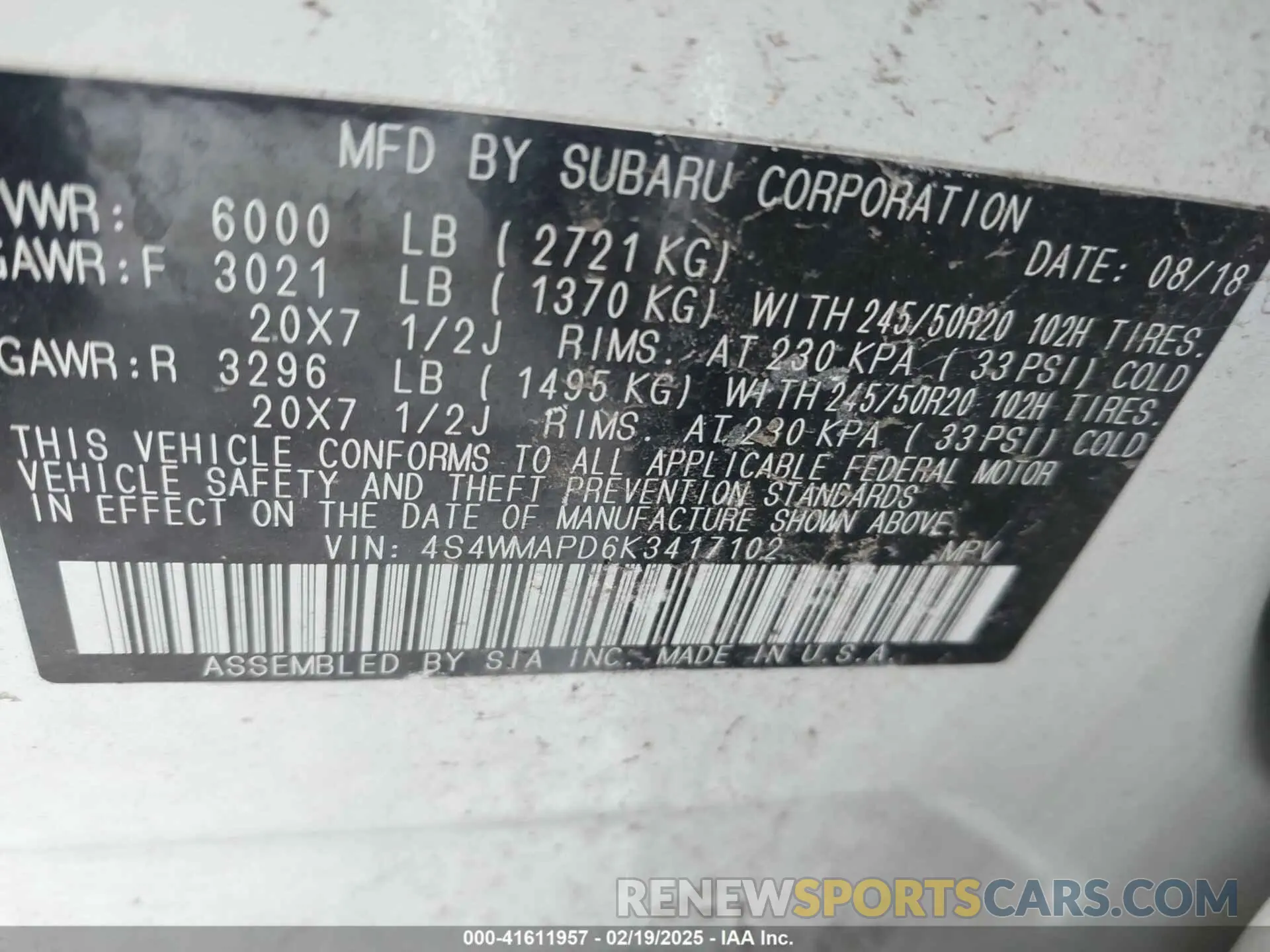9 Photograph of a damaged car 4S4WMAPD6K3417102 SUBARU ASCENT 2019