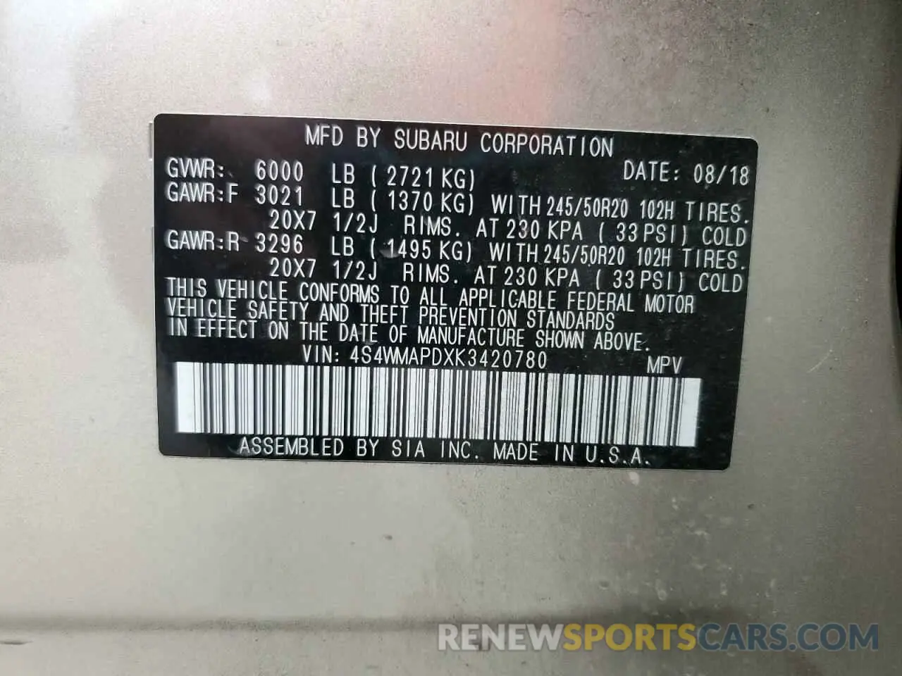 13 Photograph of a damaged car 4S4WMAPDXK3420780 SUBARU ASCENT 2019