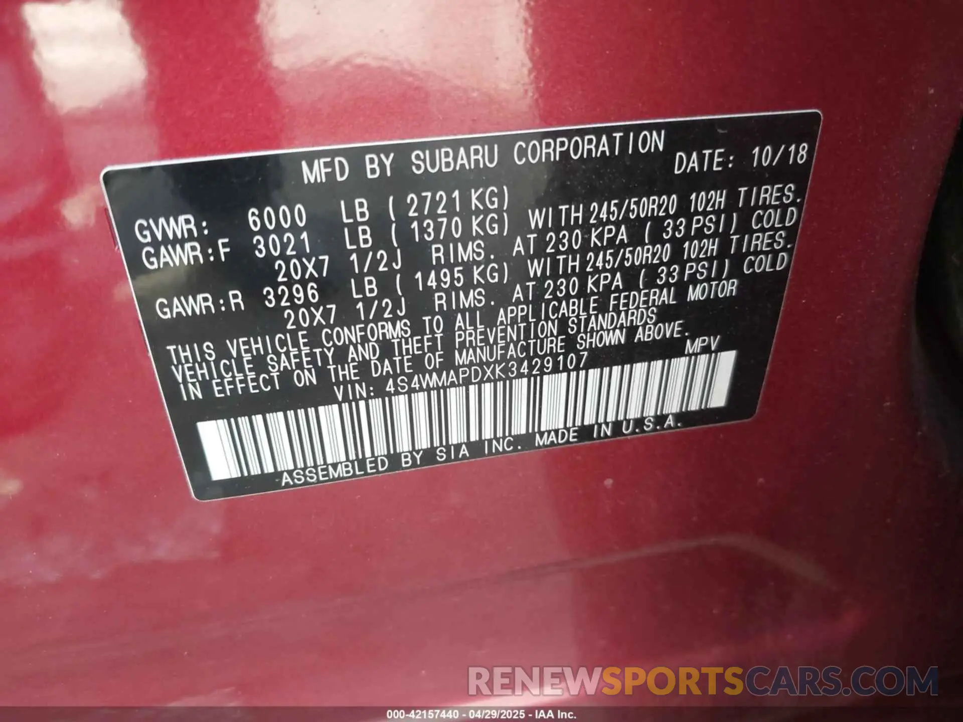 9 Photograph of a damaged car 4S4WMAPDXK3429107 SUBARU ASCENT 2019