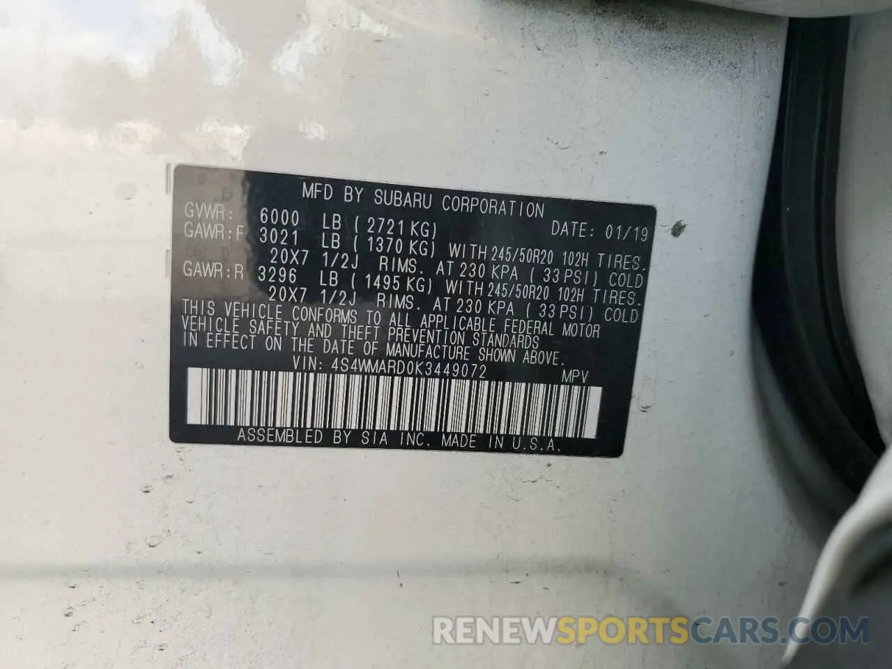 15 Photograph of a damaged car 4S4WMARD0K3449072 SUBARU ASCENT 2019