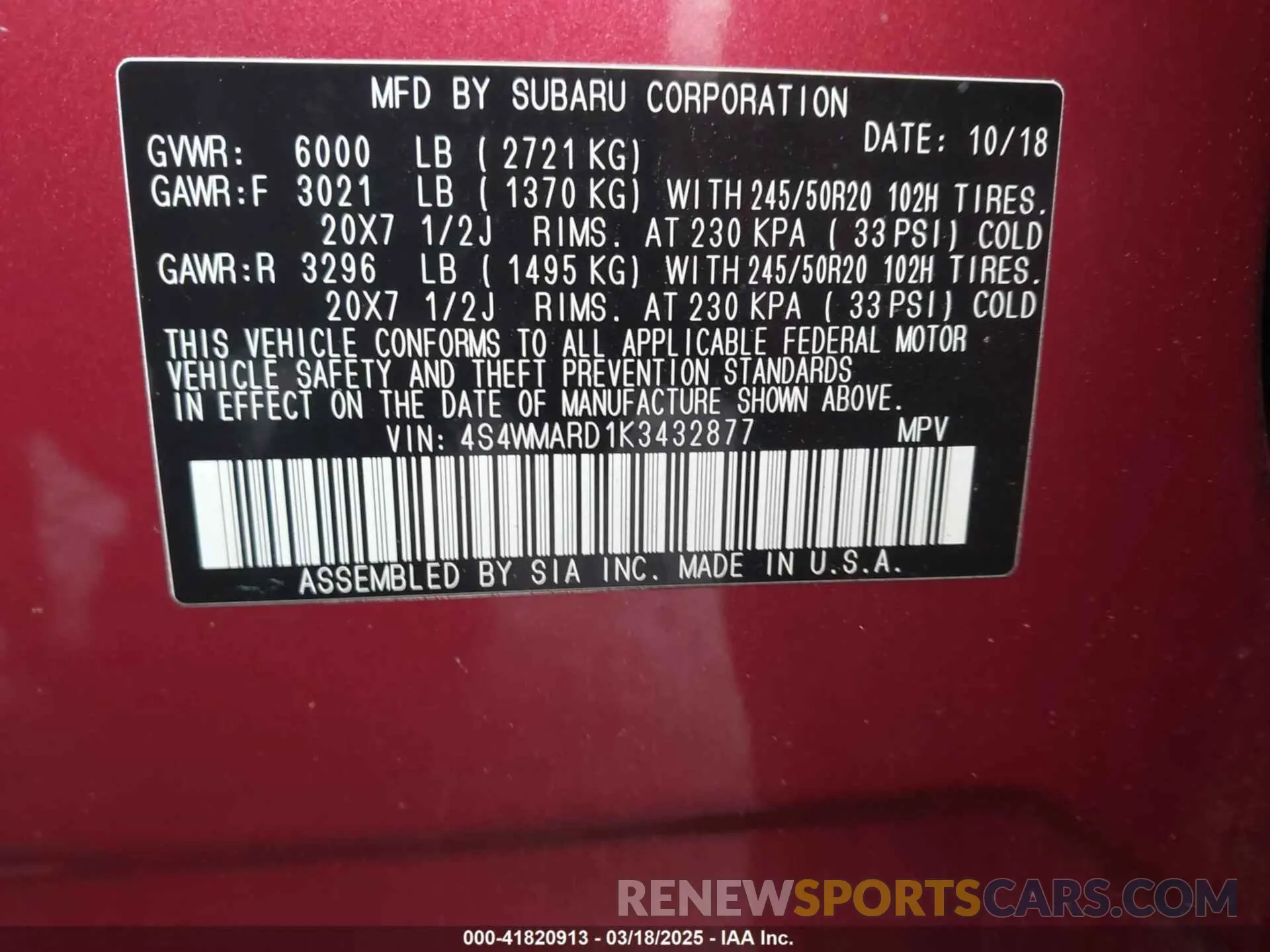 9 Photograph of a damaged car 4S4WMARD1K3432877 SUBARU ASCENT 2019