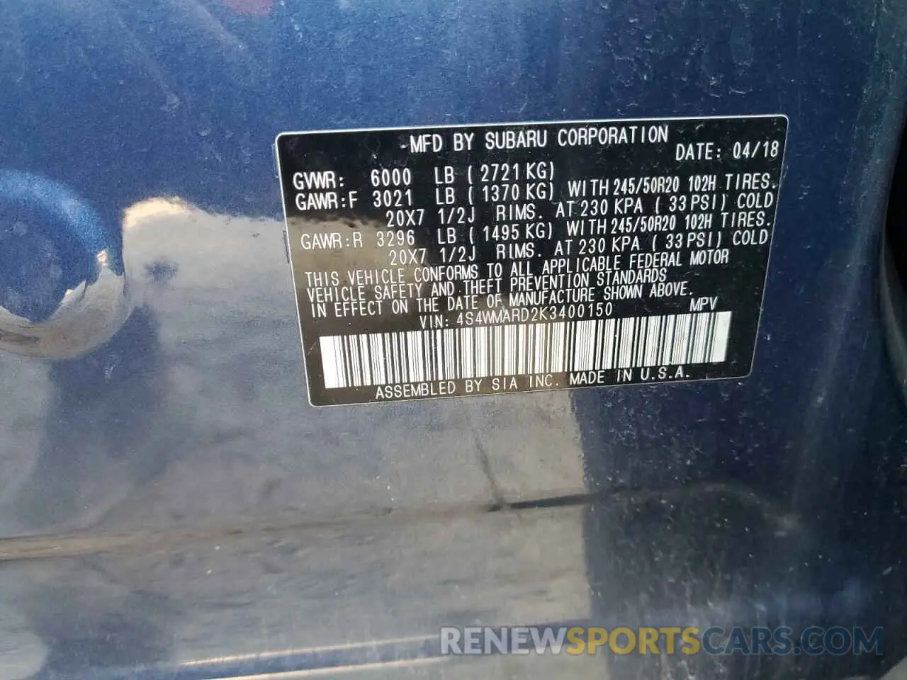 16 Photograph of a damaged car 4S4WMARD2K3400150 SUBARU ASCENT 2019