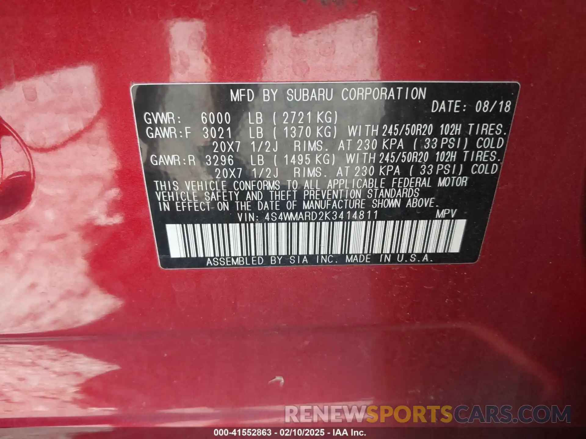 9 Photograph of a damaged car 4S4WMARD2K3414811 SUBARU ASCENT 2019